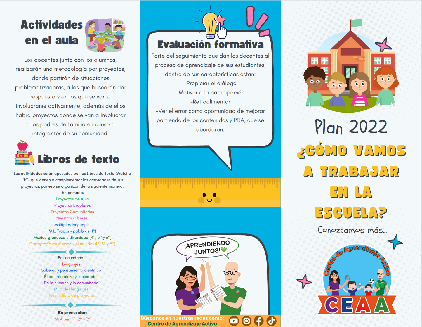 TRÍPTICO Plan 2022 ¿CÓMO VAMOS A TRABAJAR EN LA ESCUELA? Para padres de familia (Editable en PowerPoint)