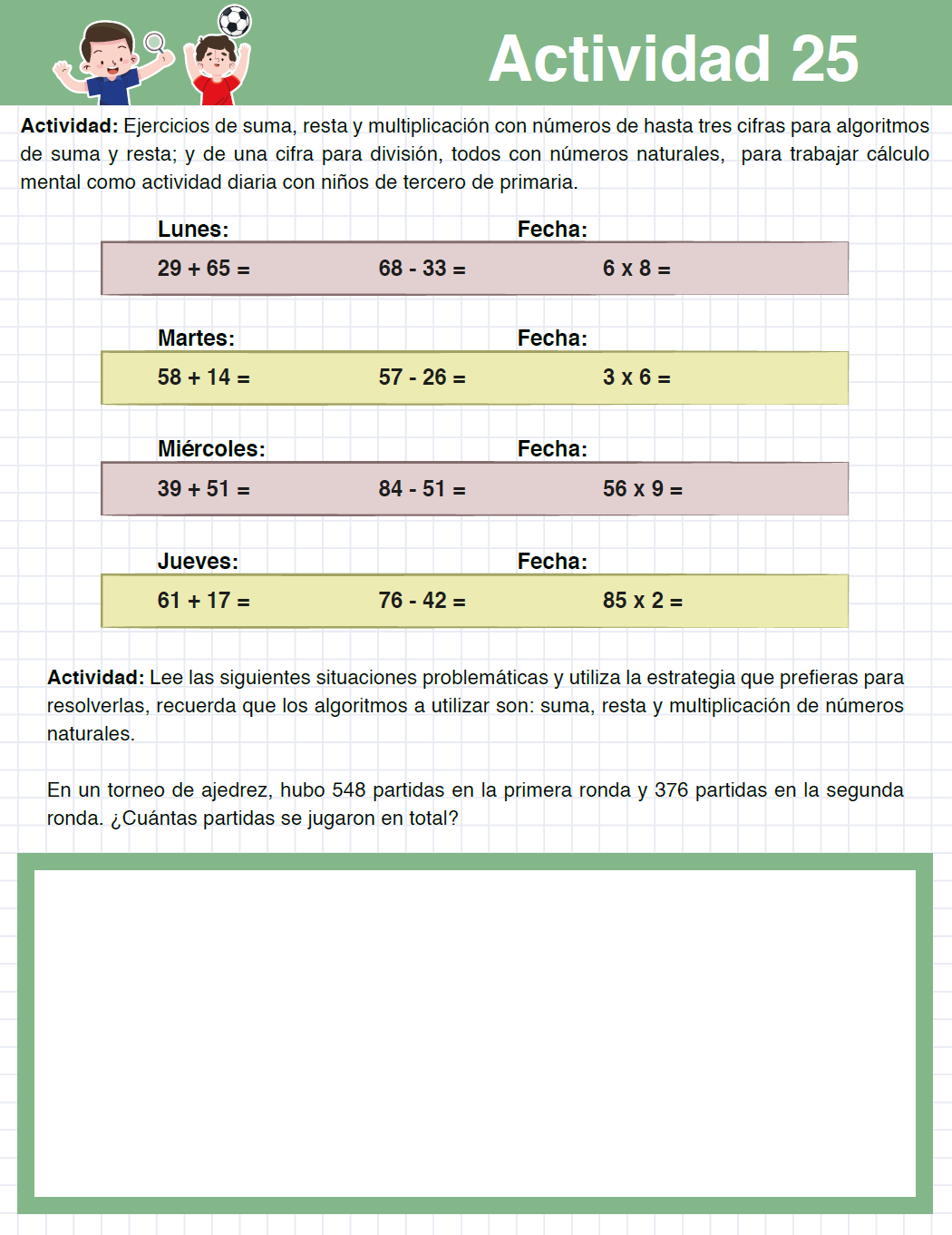Cuadernillo MATEMÁTICAS 50 Actividades de Cálculo Mental y Problemas Matemáticos TERCER Grado Primaria