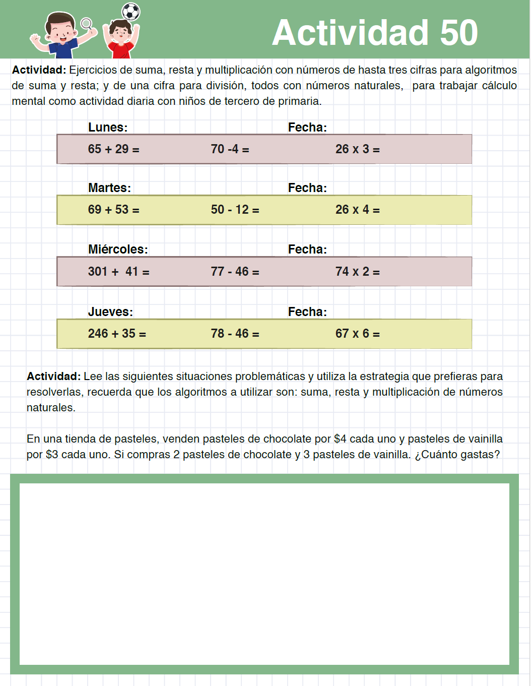 Cuadernillo MATEMÁTICAS 50 Actividades de Cálculo Mental y Problemas Matemáticos TERCER Grado Primaria