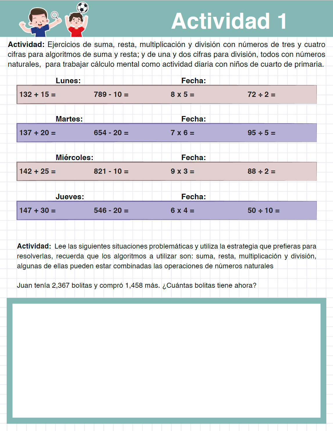 Cuadernillo MATEMÁTICAS 50 Actividades de Cálculo Mental y Problemas Matemáticos CUARTO Grado Primaria