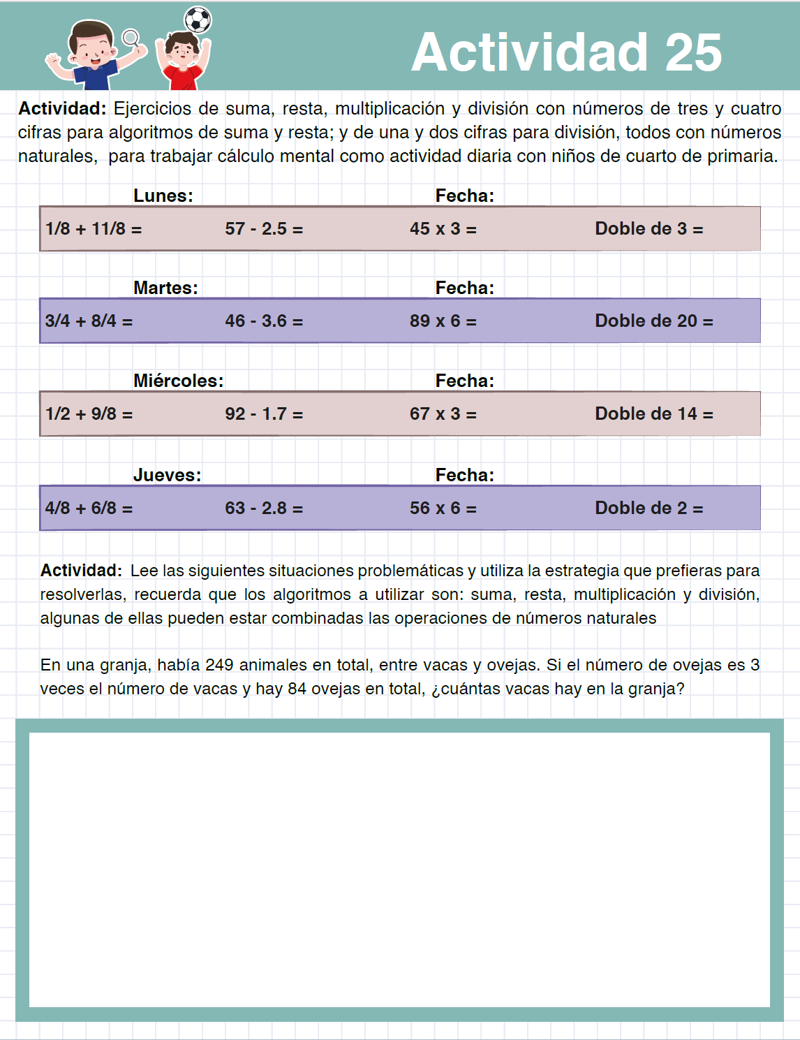 Cuadernillo MATEMÁTICAS 50 Actividades de Cálculo Mental y Problemas Matemáticos CUARTO Grado Primaria