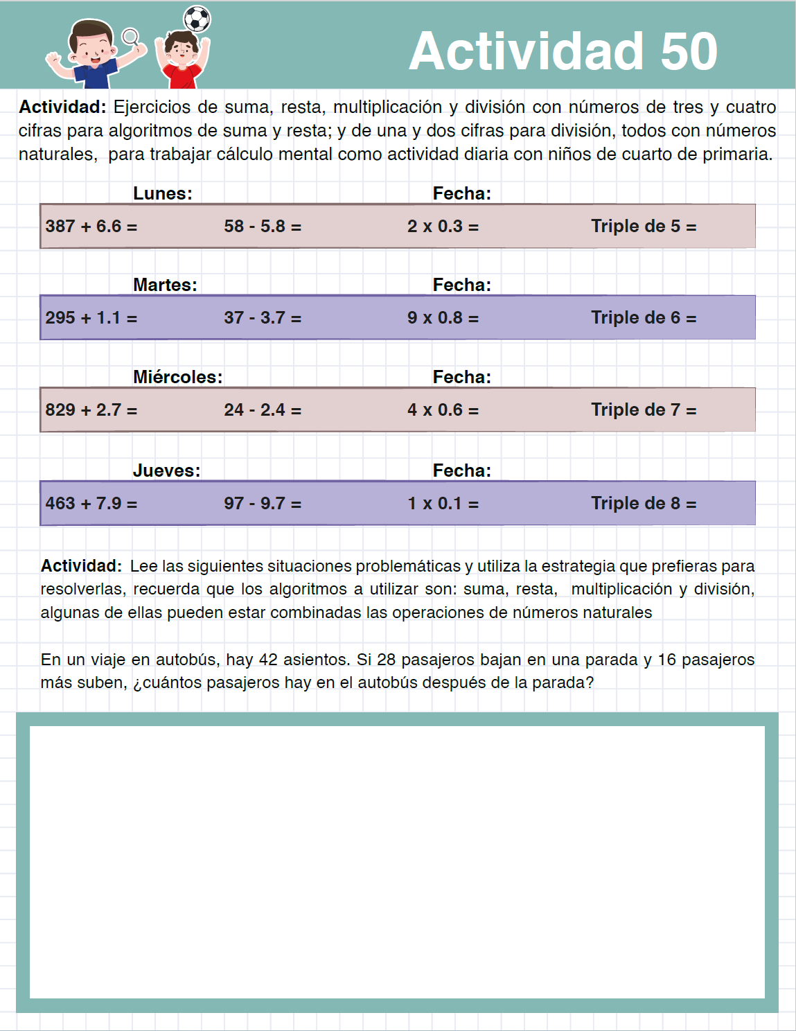 Cuadernillo MATEMÁTICAS 50 Actividades de Cálculo Mental y Problemas Matemáticos CUARTO Grado Primaria