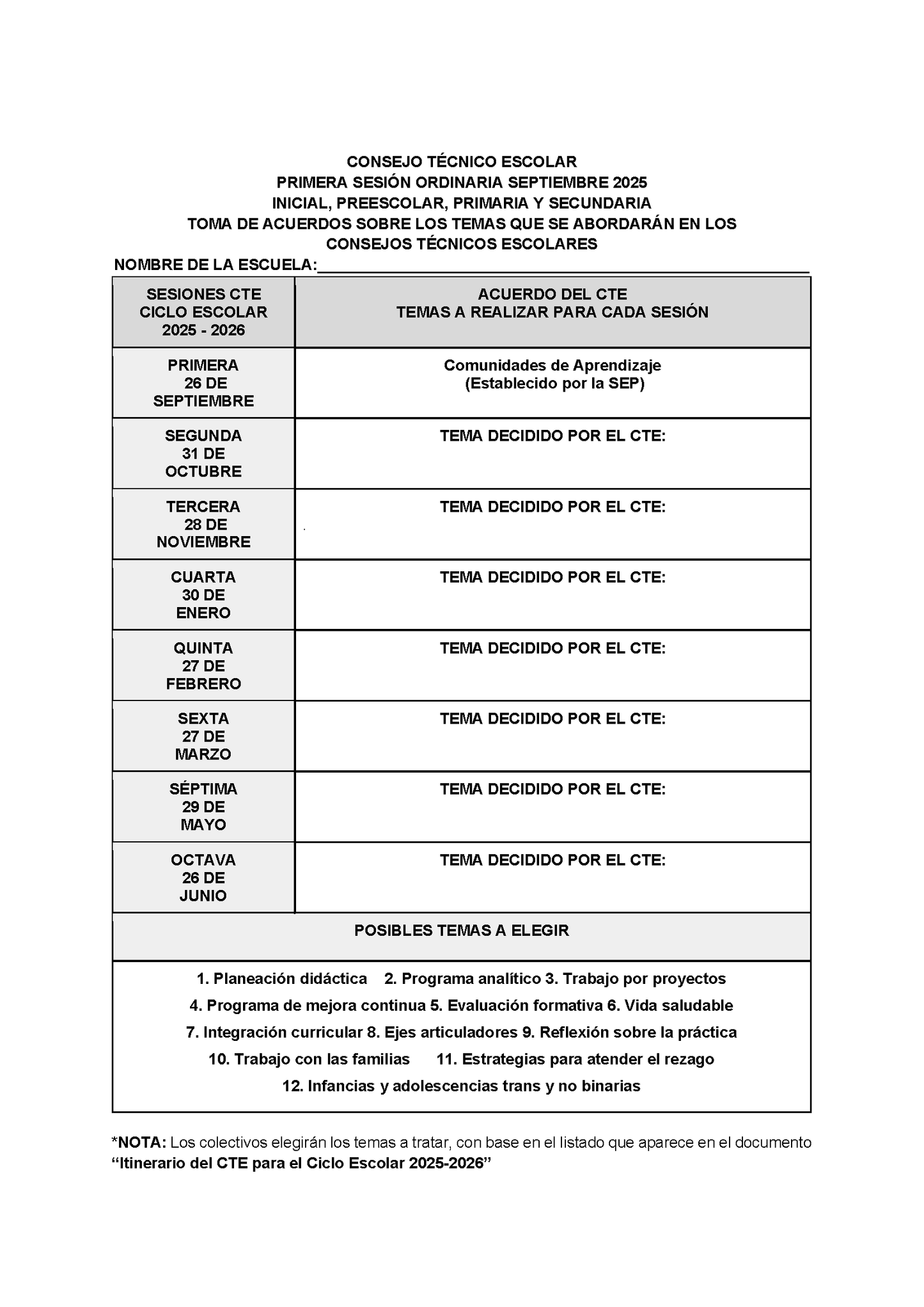FORMATO TEMAS A TRABAJAR EN LAS SIGUIENTES SESIONES DE CTE CICLO ESCOLAR 2025 - 2026 (Editable en Word)