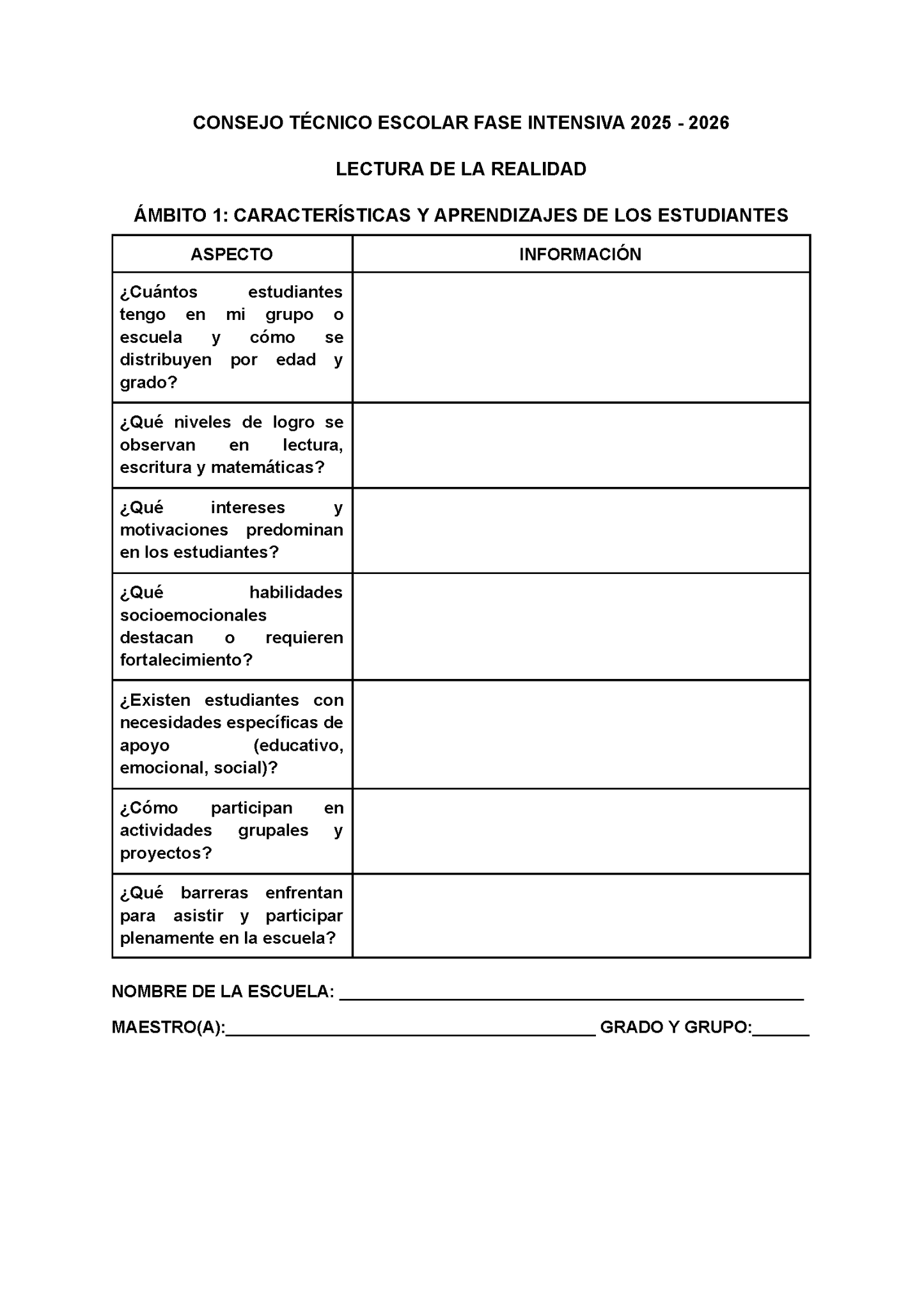Formato para Realizar la Lectura de la Realidad Escolar Editable FASE INTENSIVA 2025 2026