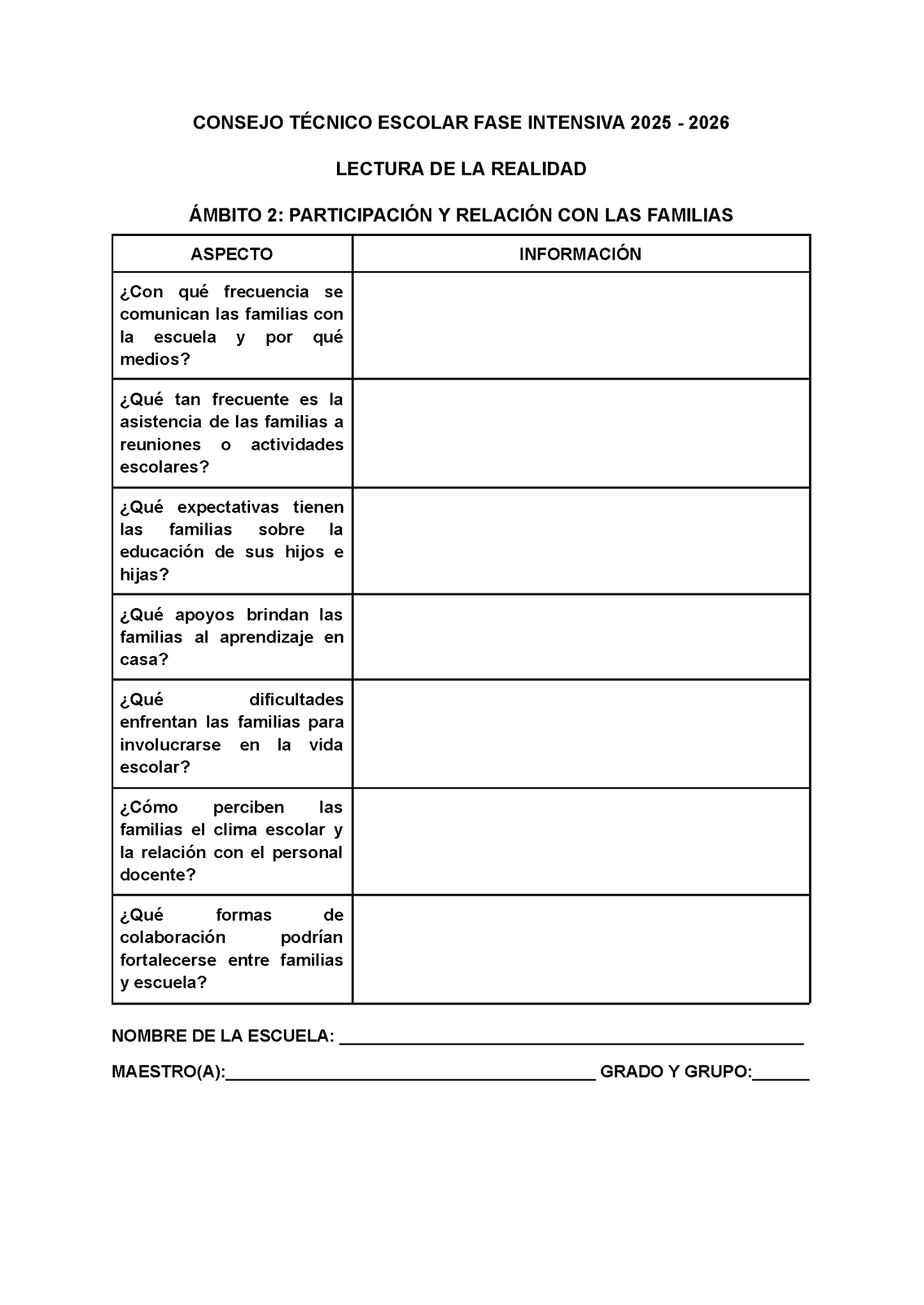 Formato para Realizar la Lectura de la Realidad Escolar Editable FASE INTENSIVA 2025 2026