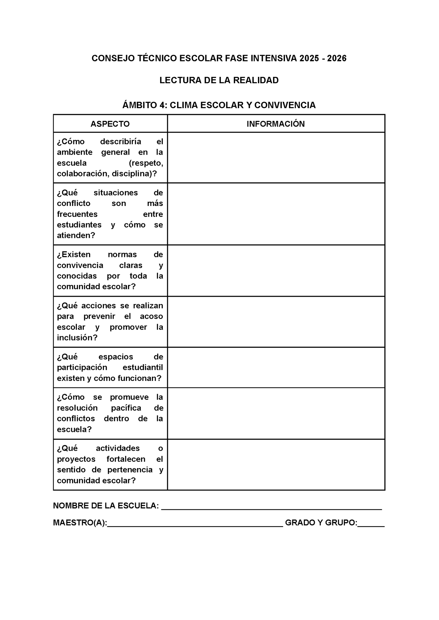 Formato para Realizar la Lectura de la Realidad Escolar Editable FASE INTENSIVA 2025 2026