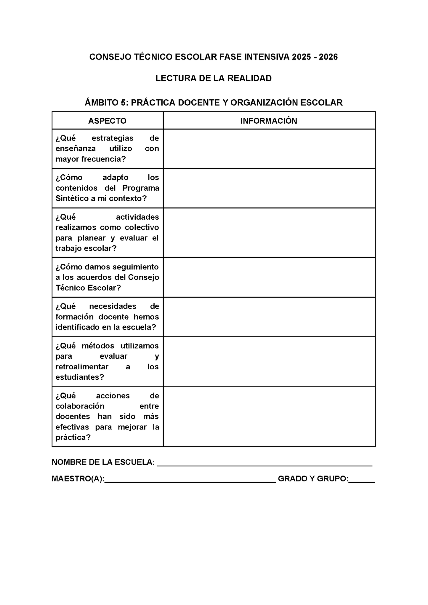 Formato para Realizar la Lectura de la Realidad Escolar Editable FASE INTENSIVA 2025 2026