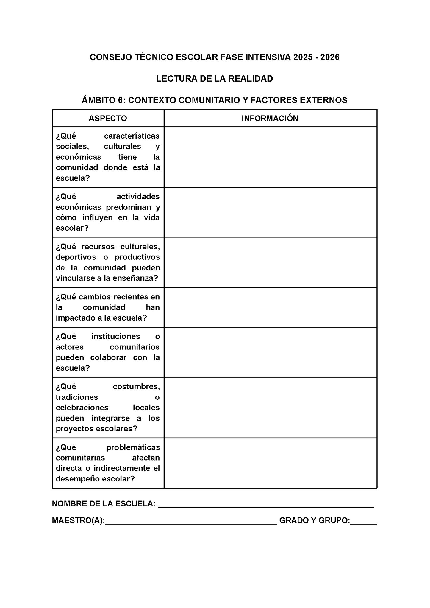 Formato para Realizar la Lectura de la Realidad Escolar Editable FASE INTENSIVA 2025 2026
