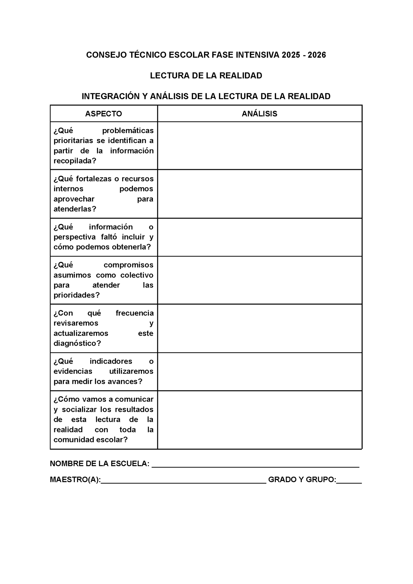 Formato para Realizar la Lectura de la Realidad Escolar Editable FASE INTENSIVA 2025 2026