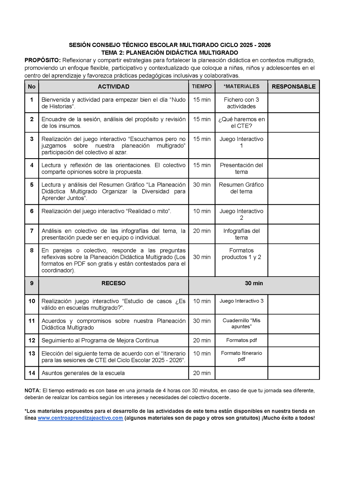 Propuesta de orden del día Multigrado 2: Planeación didáctica multigrado (Editable en Word) (⭐ Material recuperado 25/26)