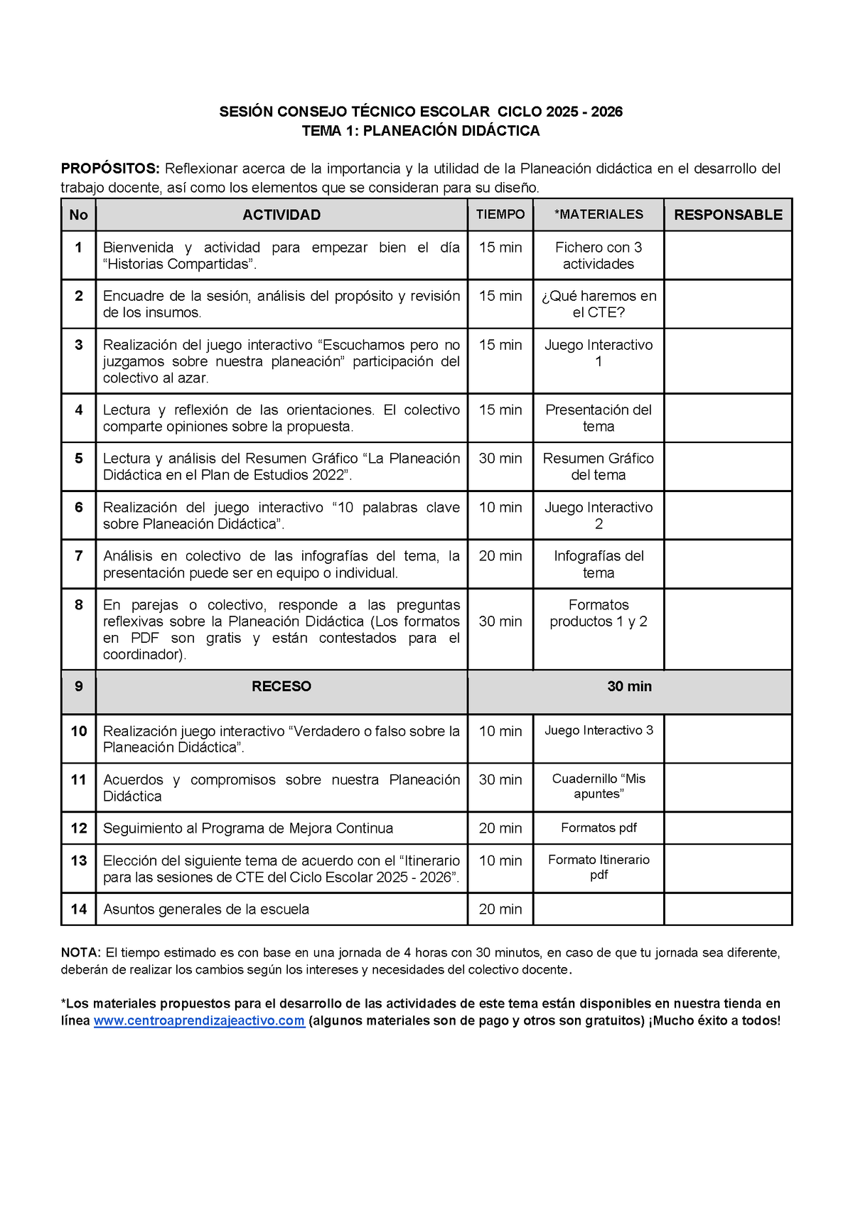 Propuesta de orden del día Tema 1: Planeación didáctica (Editable en Word) (⭐ Material recuperado 25/26)