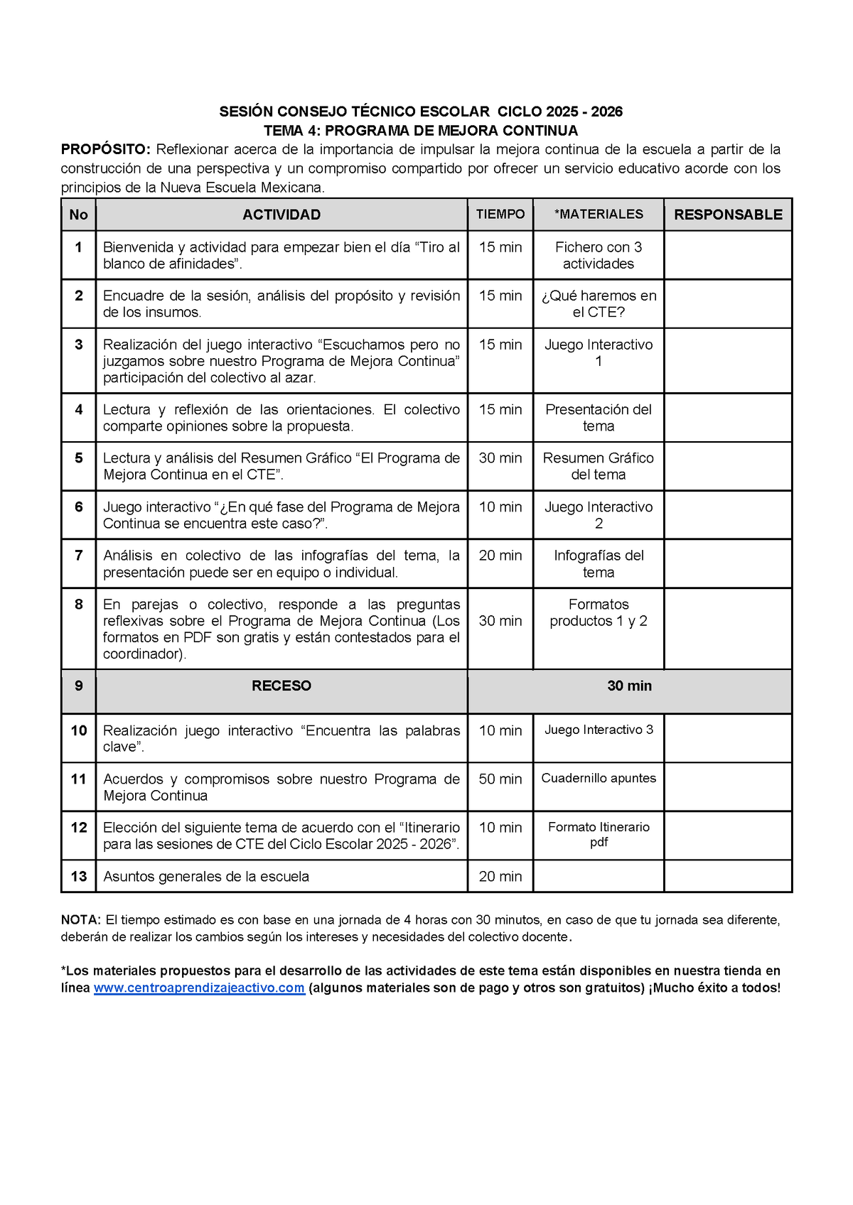 Propuesta de orden del día Tema 4: Programa de mejora continua (Editable en Word) (⭐ Material recuperado 25/26)