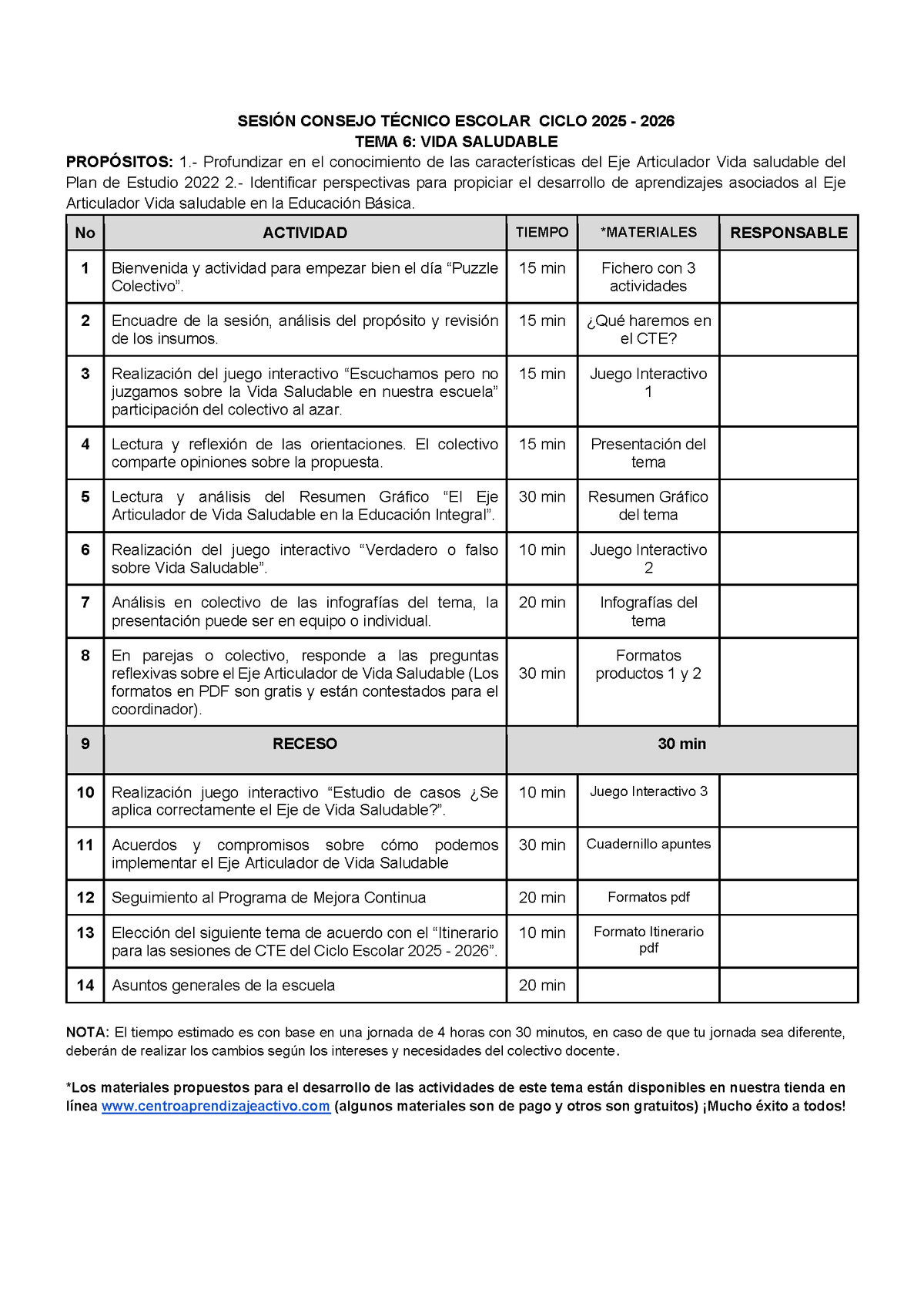 Propuesta de orden del día Tema 6: Vida saludable (Editable en Word) (⭐ Material recuperado 25/26)