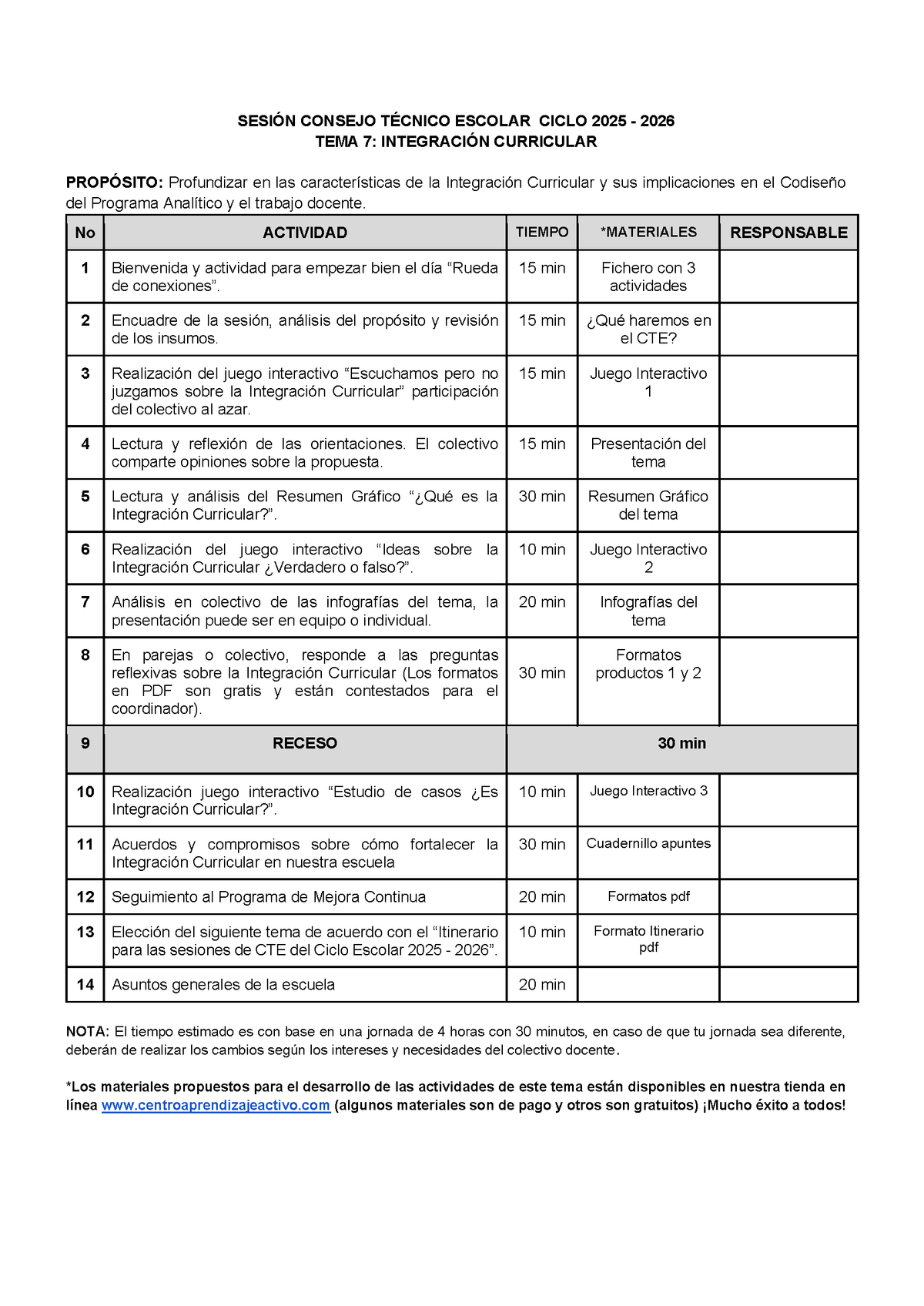 Propuesta de orden del día Tema 7: Integración curricular (Editable en Word) (⭐ Material recuperado 25/26)