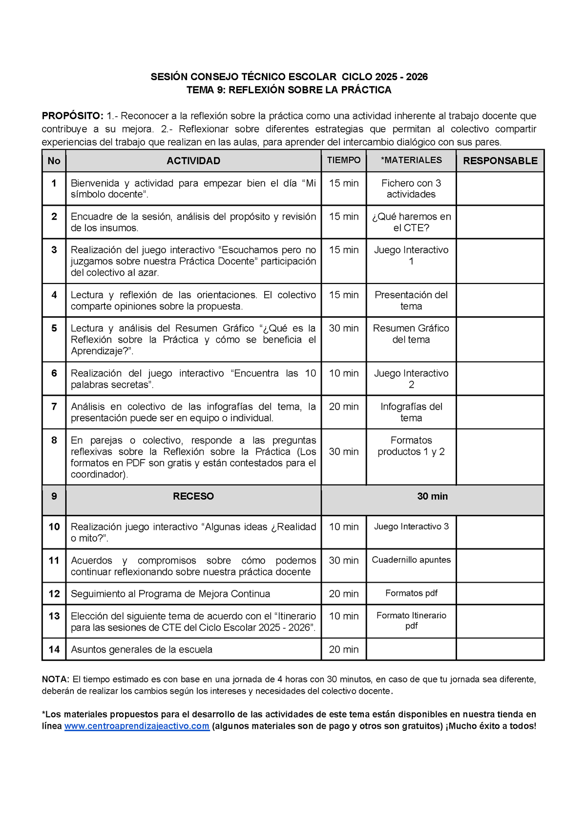 Propuesta de orden del día Tema 9: Reflexión sobre la práctica (Editable en Word) (⭐ Material recuperado 25/26)