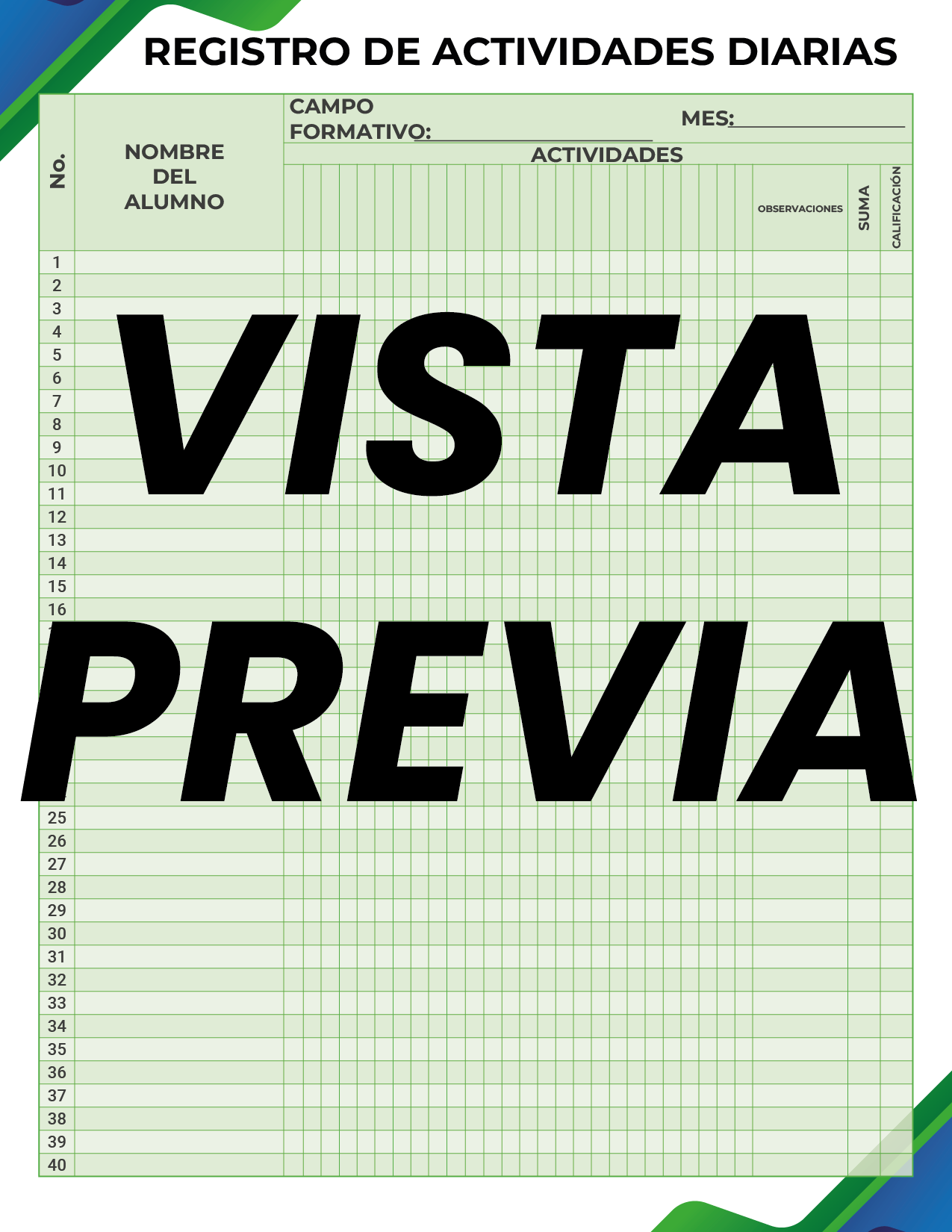 Agenda Formal Verde-azul MAESTRO Preescolar