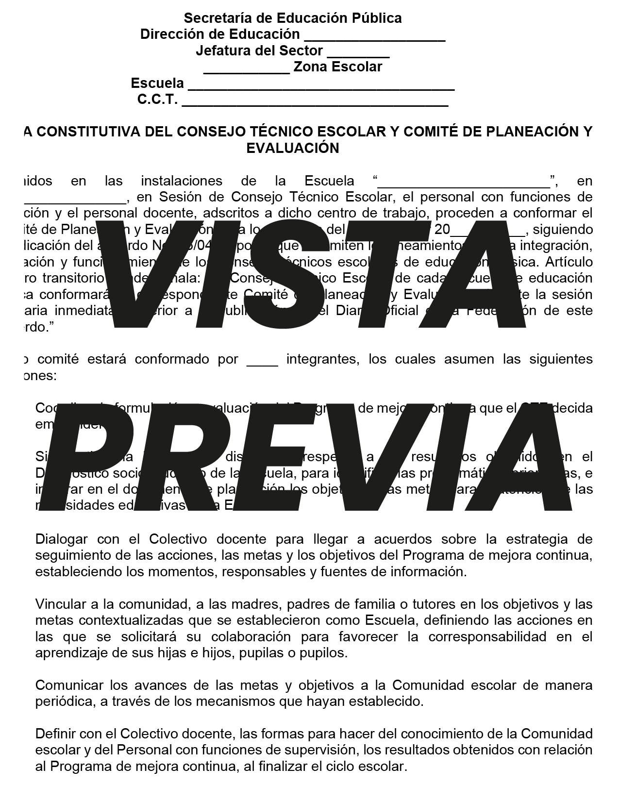 PROPUESTA ACTA CONSTITUTIVA DEL CONSEJO TÉCNICO ESCOLAR Y COMITÉ DE PLANEACIÓN Y EVALUACIÓN (Editable en Word)