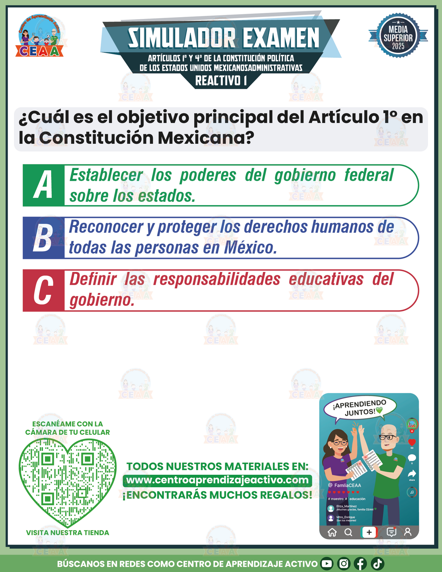 Simulador de Examen Artículos 1° y 4° de la Constitución Política de los Estados Unidos Mexicanos - Media Superior