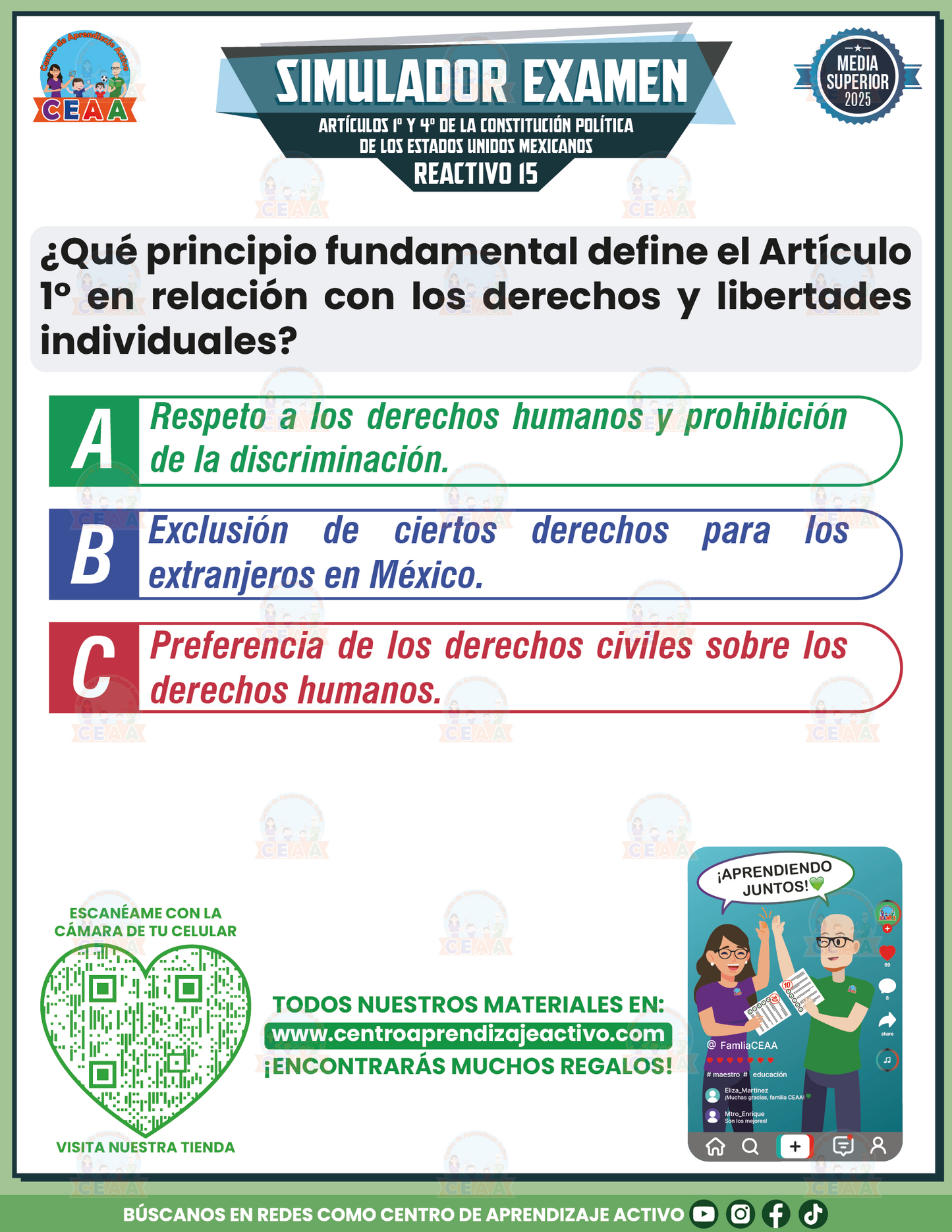 Simulador de Examen Artículos 1° y 4° de la Constitución Política de los Estados Unidos Mexicanos - Media Superior