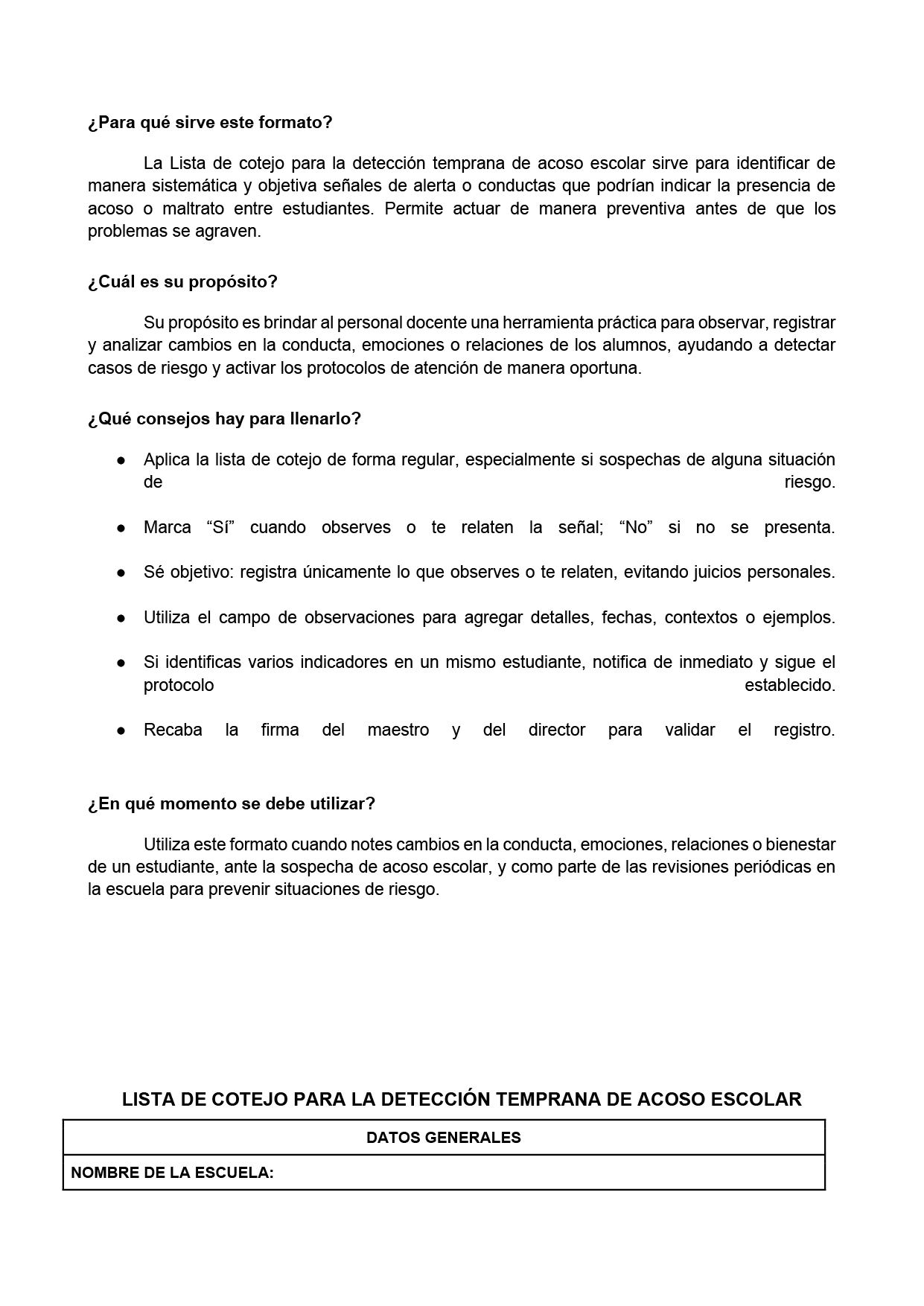 BITÁCORA PARA LA PREVENCIÓN, REGISTRO Y ATENCIÓN DE INCIDENCIAS Y ACOSO ESCOLAR (Editable en Word, se incluye en el paquete del tema 3 y 4)