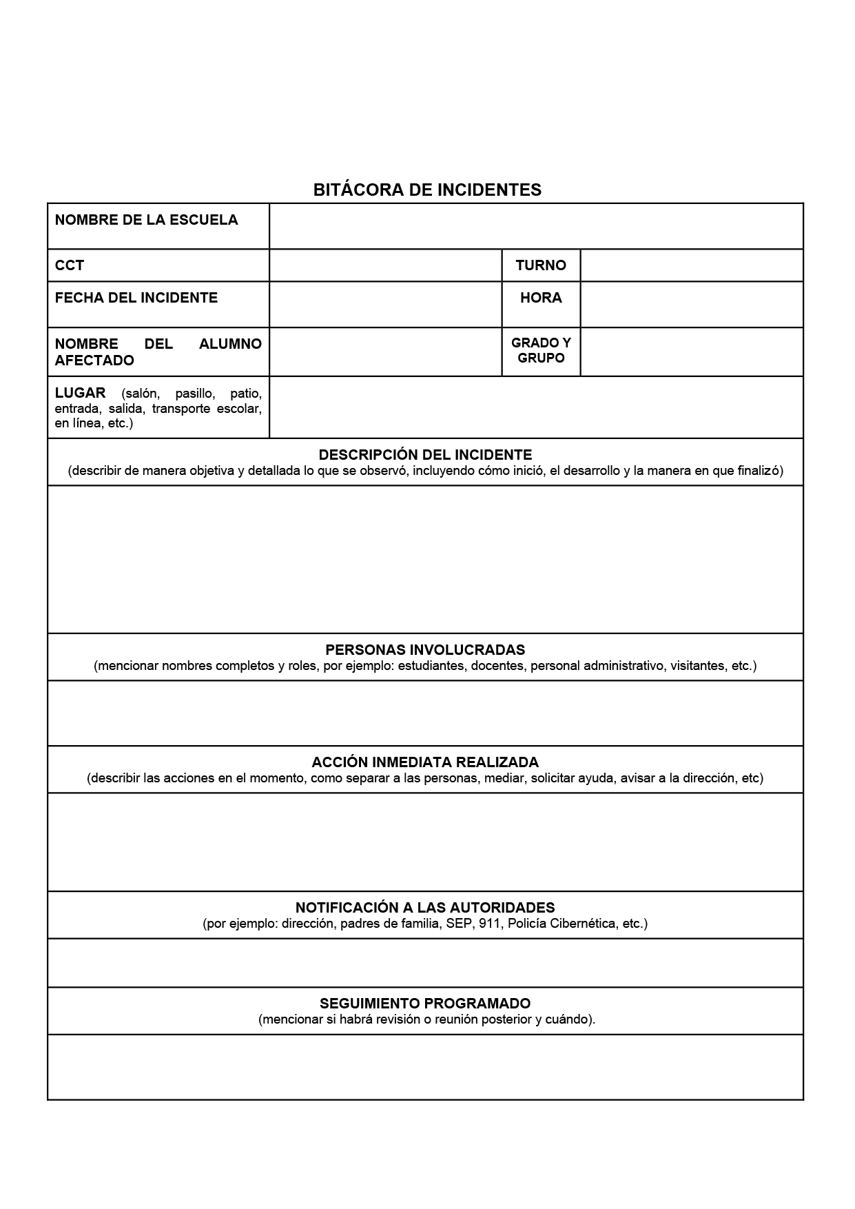 BITÁCORA PARA LA PREVENCIÓN, REGISTRO Y ATENCIÓN DE INCIDENCIAS Y ACOSO ESCOLAR (Editable en Word, se incluye en el paquete del tema 3 y 4)
