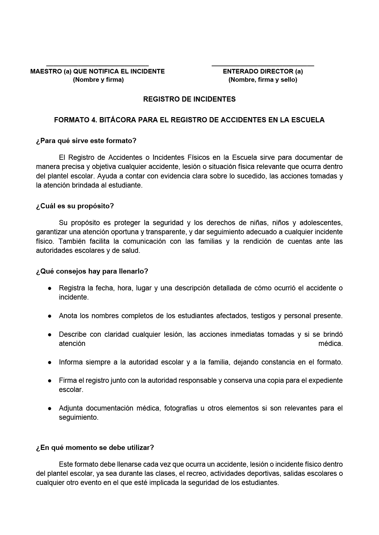 BITÁCORA PARA LA PREVENCIÓN, REGISTRO Y ATENCIÓN DE INCIDENCIAS Y ACOSO ESCOLAR (Editable en Word, se incluye en el paquete del tema 3 y 4)