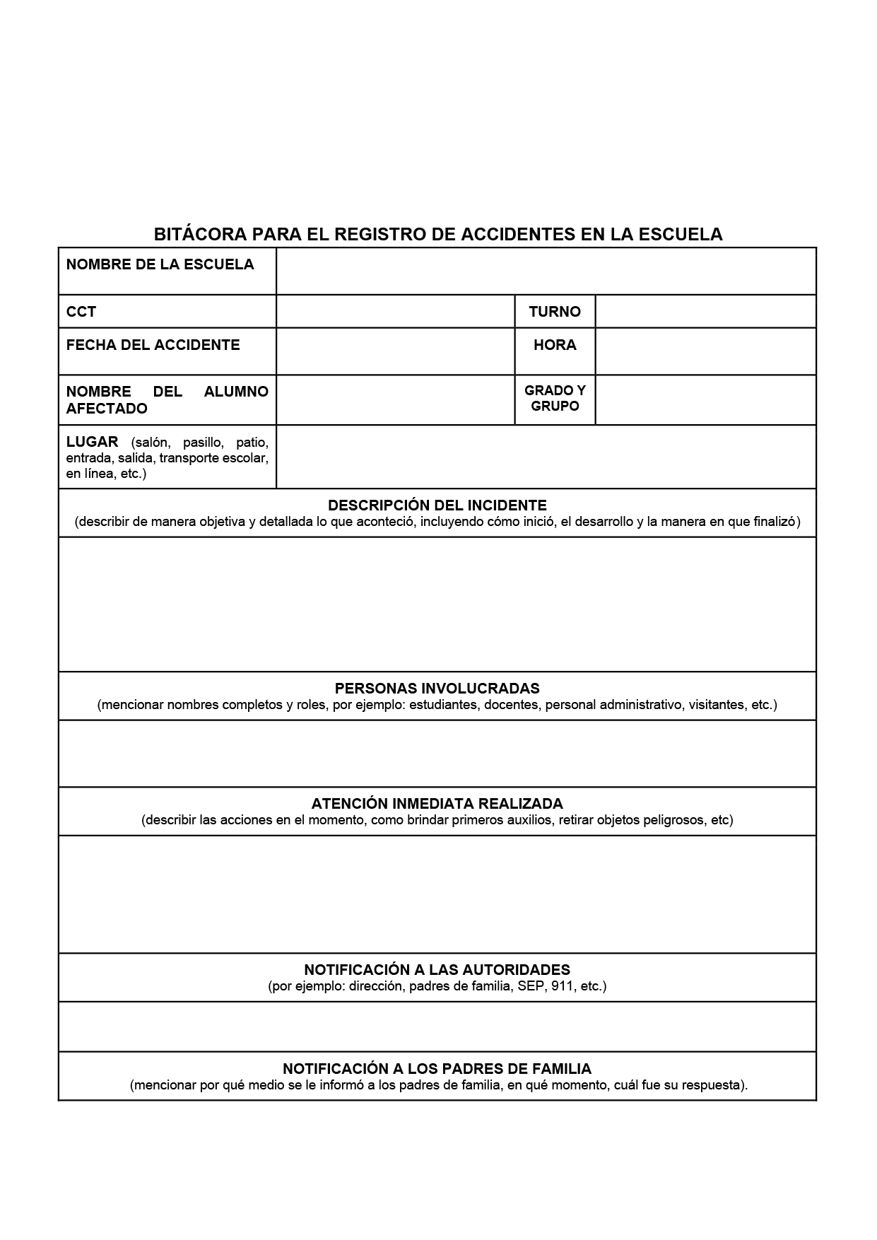 BITÁCORA PARA LA PREVENCIÓN, REGISTRO Y ATENCIÓN DE INCIDENCIAS Y ACOSO ESCOLAR (Editable en Word, se incluye en el paquete del tema 3 y 4)
