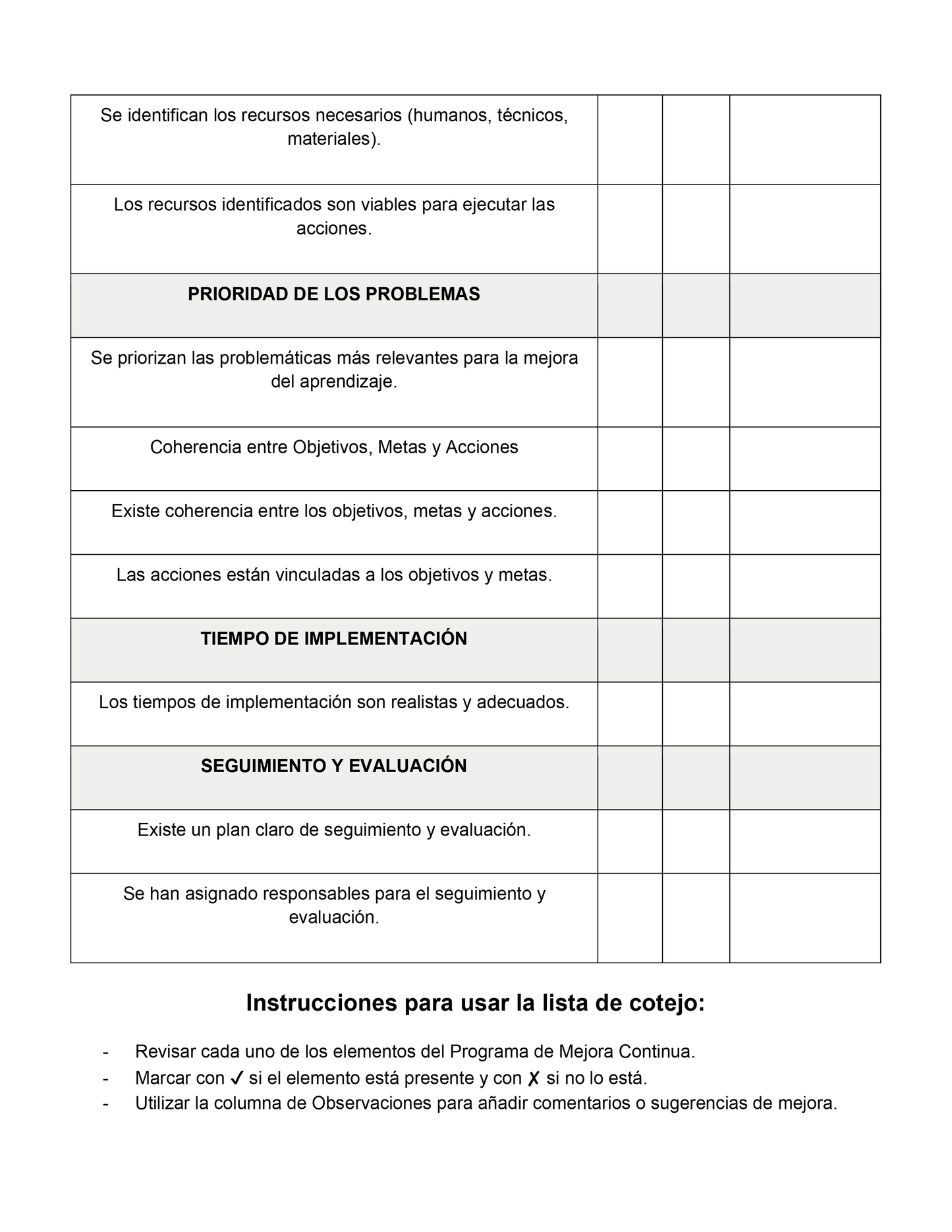 LISTA DE COTEJO PARA VALORAR EL PROGRAMA DE MEJORA CONTINUA (Editable en Word)