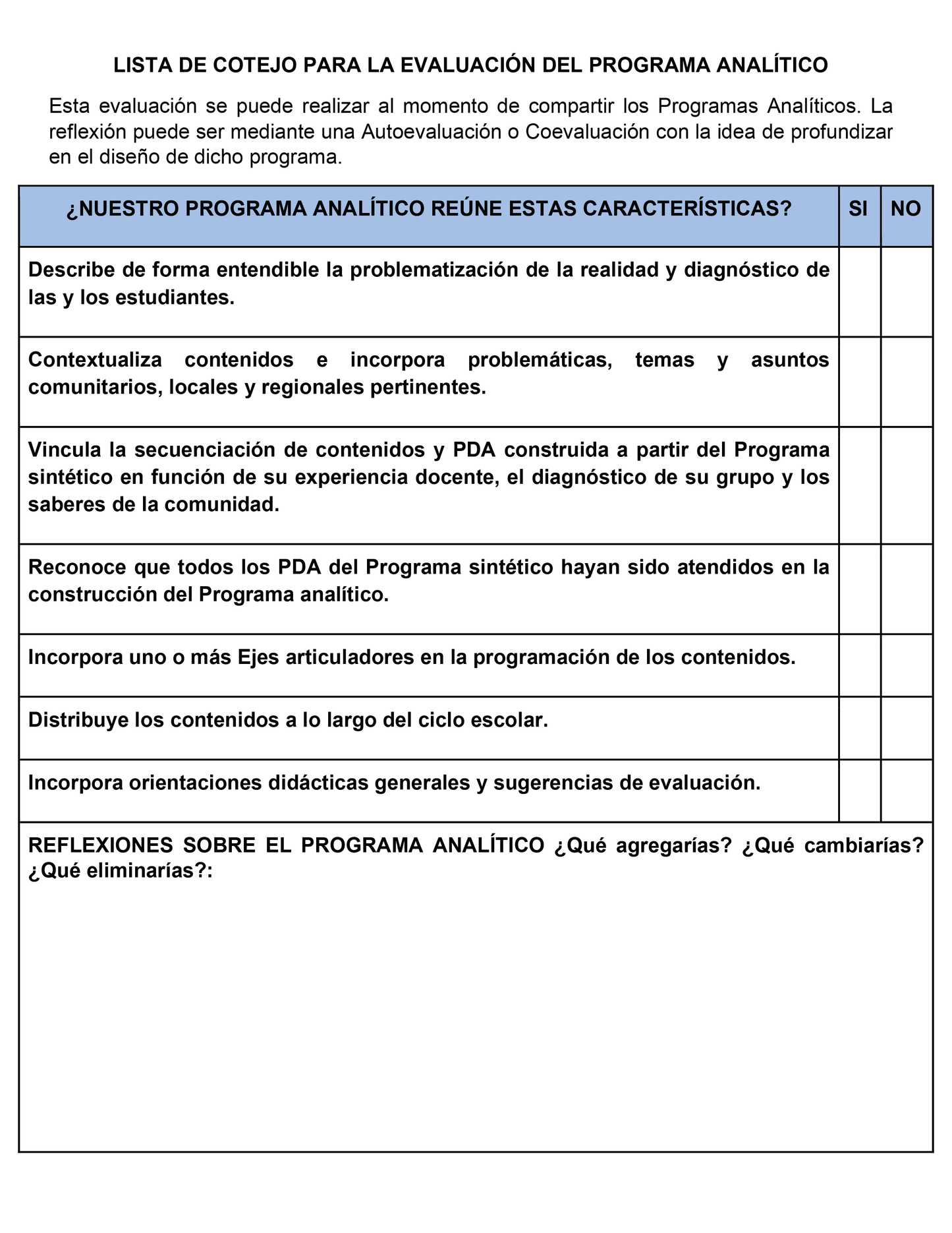 LISTA DE COTEJO PARA LA EVALUACIÓN DEL PROGRAMA ANALÍTICO (Editable en Word)