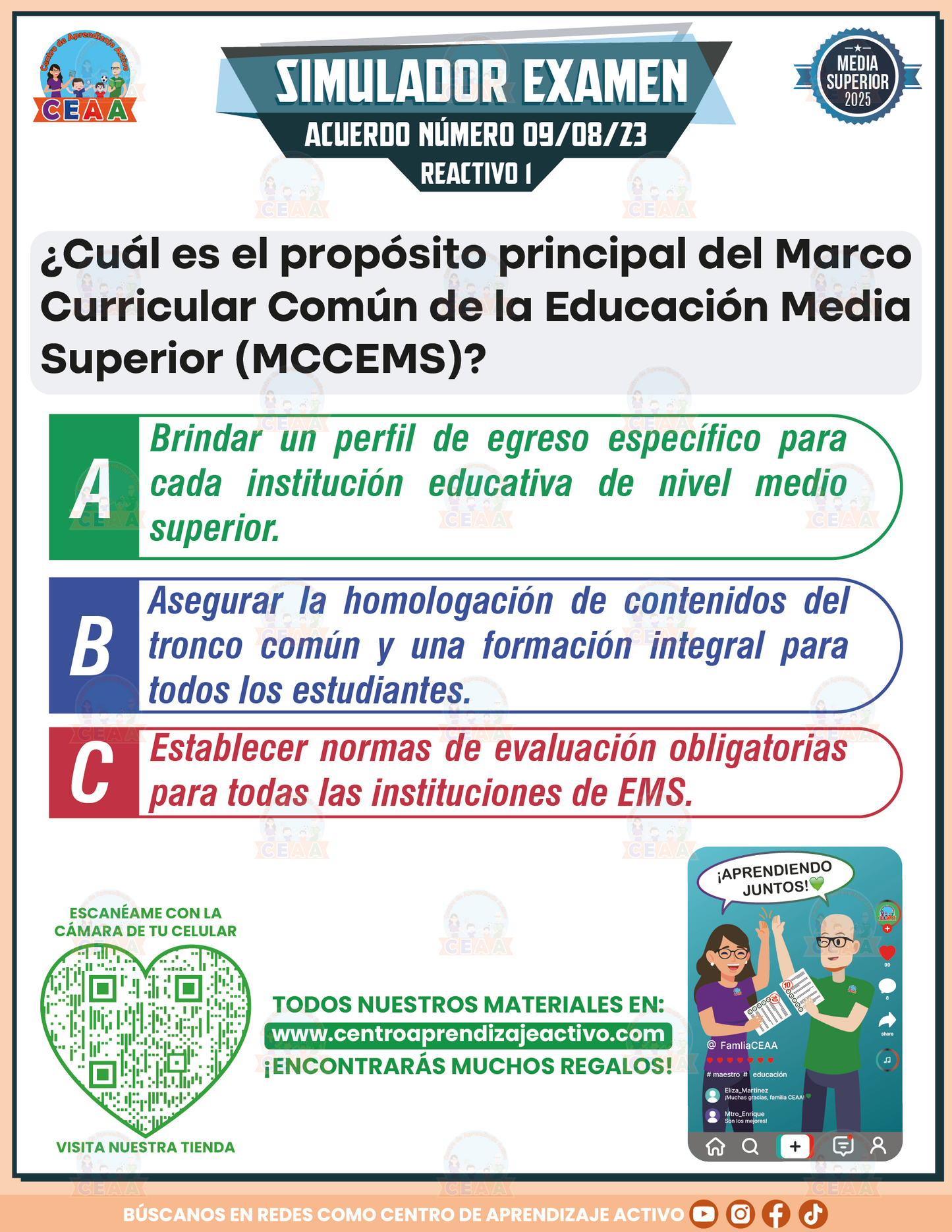 Simulador de Examen ACUERDO número 09/08/23 por el que se establece y regula el MCCEMS (Marco Curricular Común de la Educación Media Superior) - Media Superior