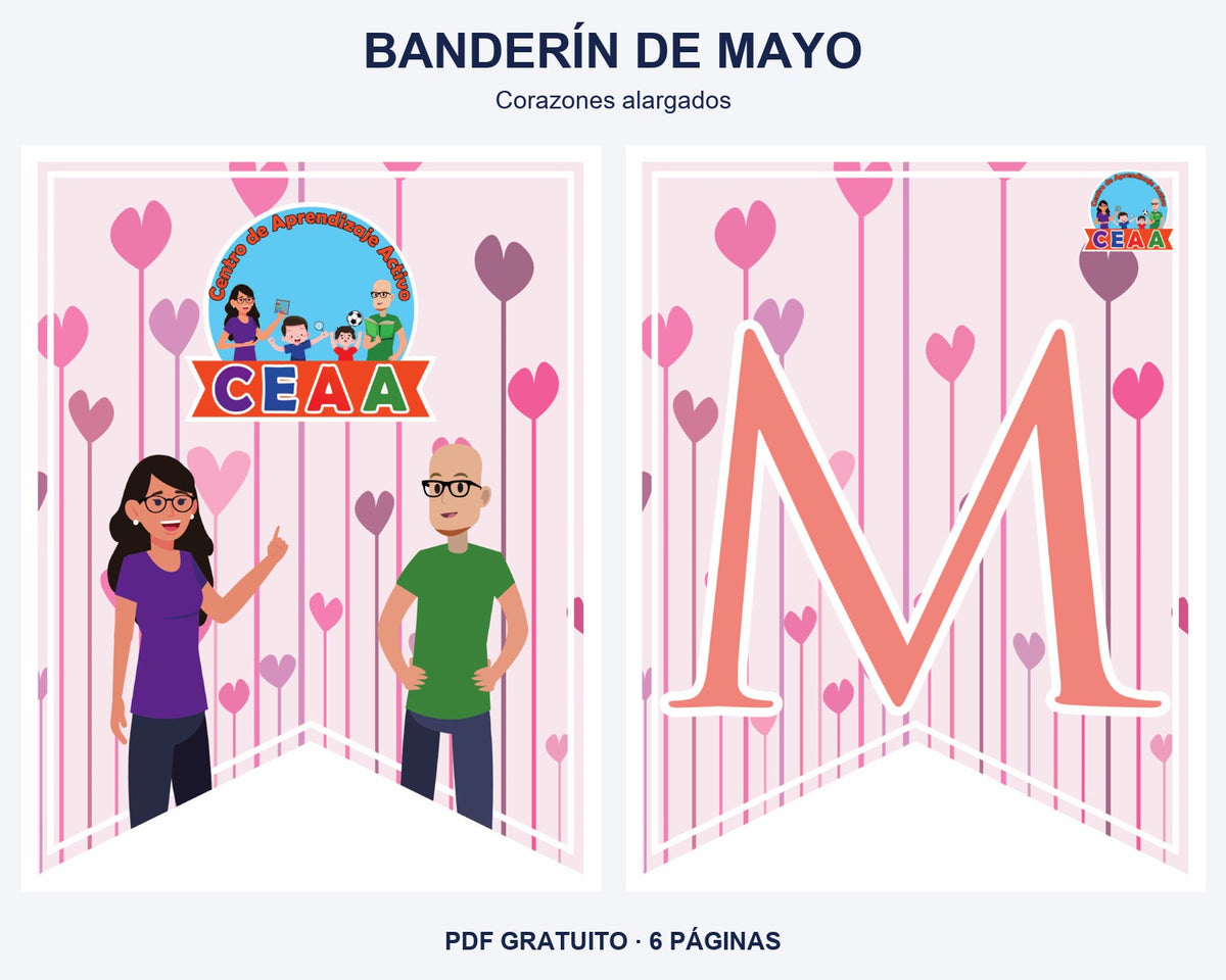 Vista previa del banderín de mayo, diseño corazones alargados: portada y primera letra del mes.