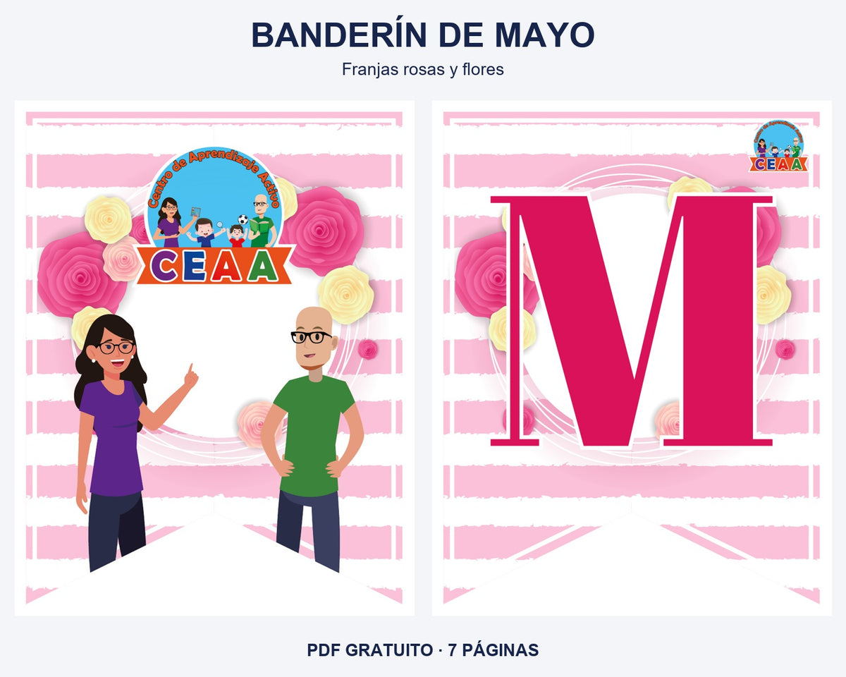 Vista previa del banderín de mayo, diseño franjas rosas y flores: portada y primera letra del mes.