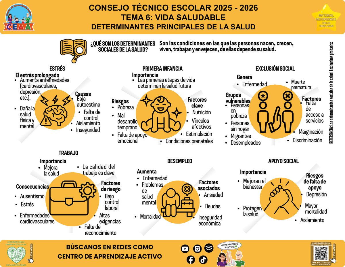Vista de la infografía «Determinantes principales de la salud», editable en PowerPoint, material recuperado del ciclo 2025-2026.