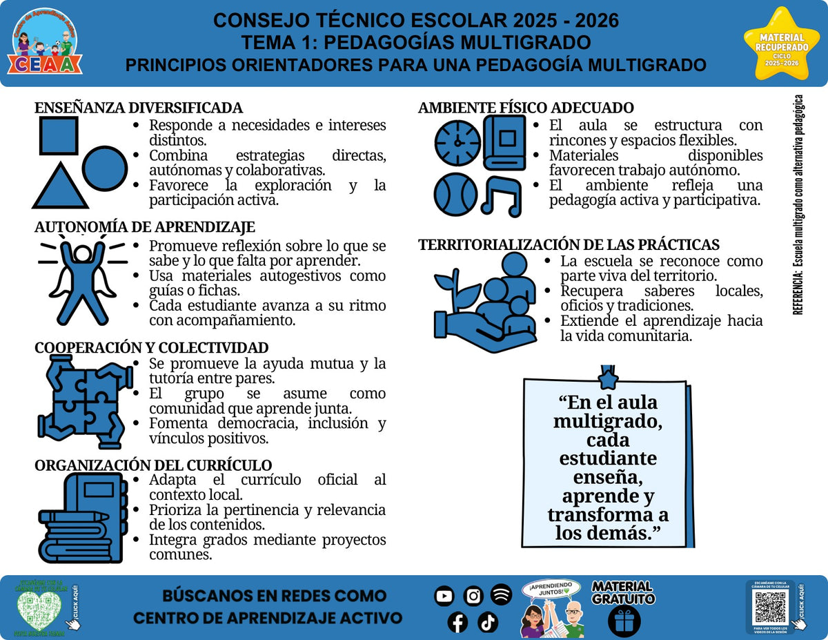 Vista de la infografía «Principios orientadores para una pedagogía multigrado», material recuperado del ciclo 2025-2026.