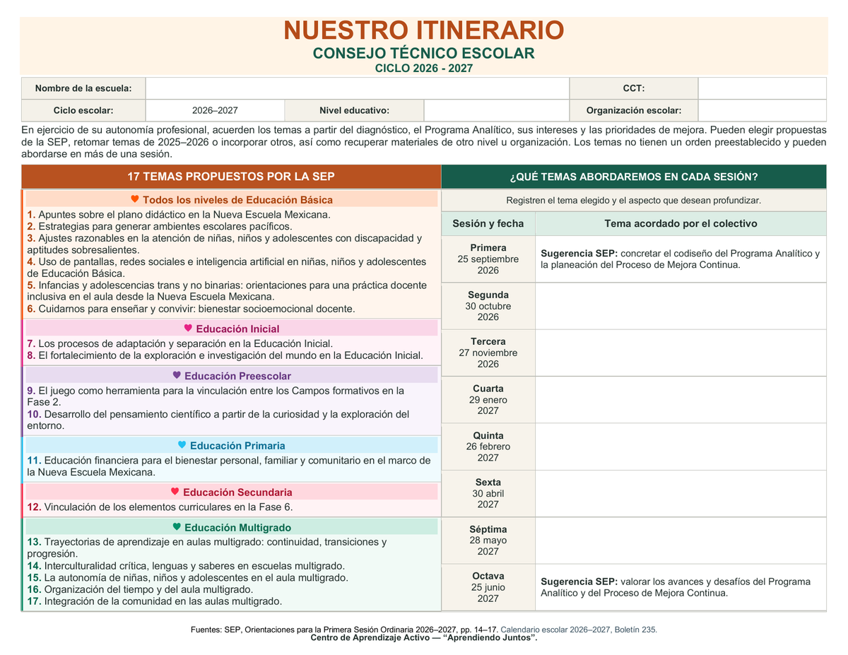 Nuestro itinerario CTE 2026-2027 en Word editable, con 17 temas y ocho sesiones ordinarias.