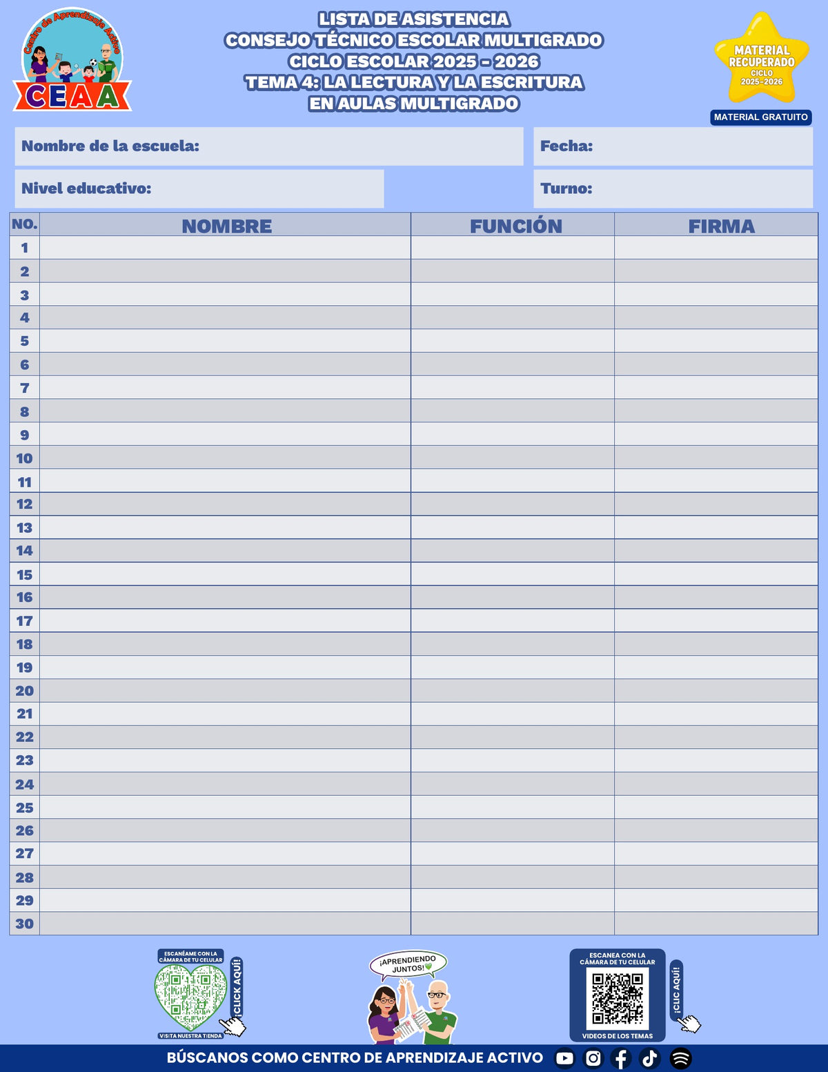 Lista de asistencia CTE gratuita: La lectura y la escritura en aulas multigrado, tema 4 de multigrado. Material recuperado 25/26.