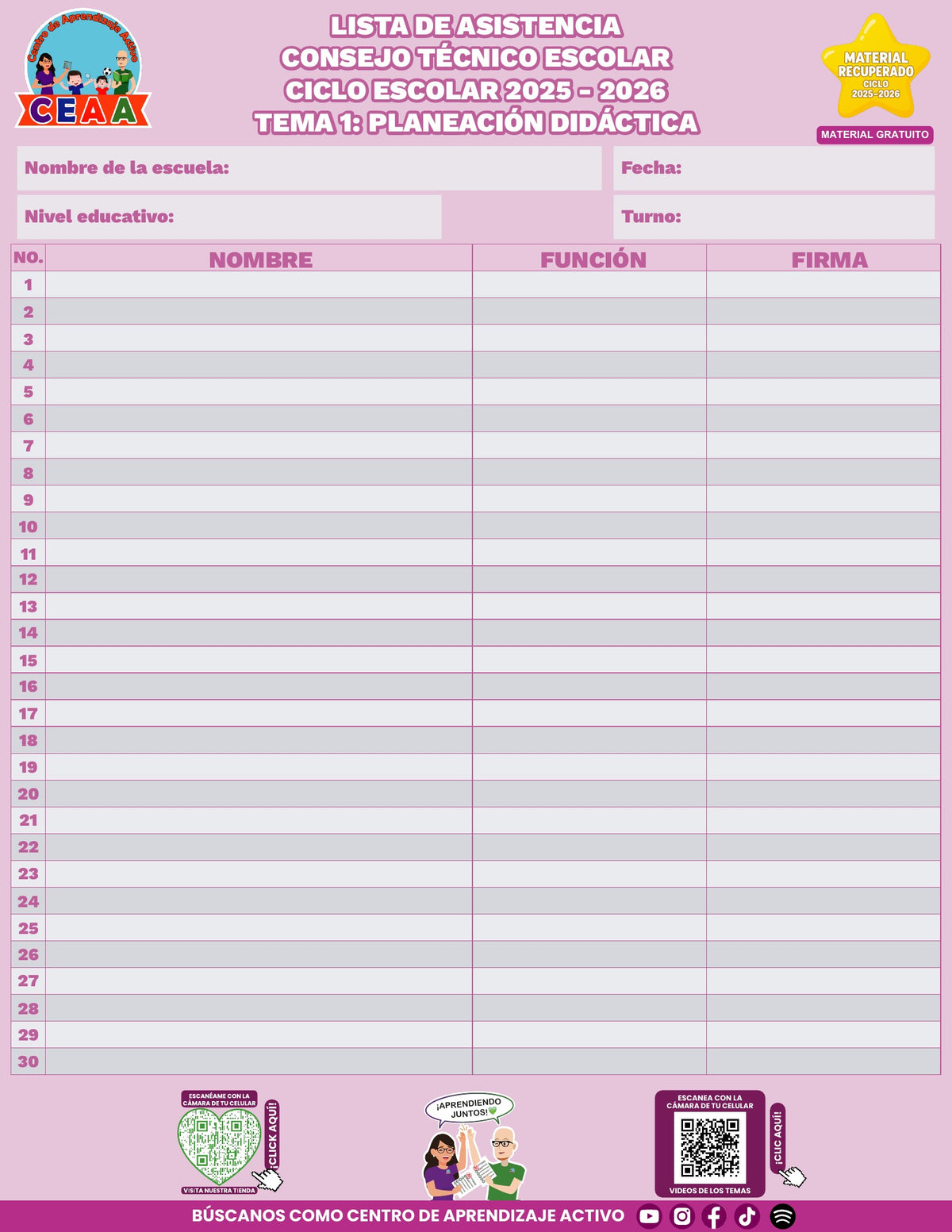 Lista de asistencia CTE gratuita: Planeación didáctica, tema 1. Material recuperado 25/26.