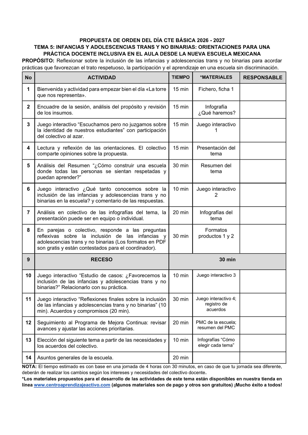 Vista previa de la propuesta de orden del día CTE 2026-2027 en Word editable: Infancias y adolescencias trans y no binarias, Básica, tema 5.
