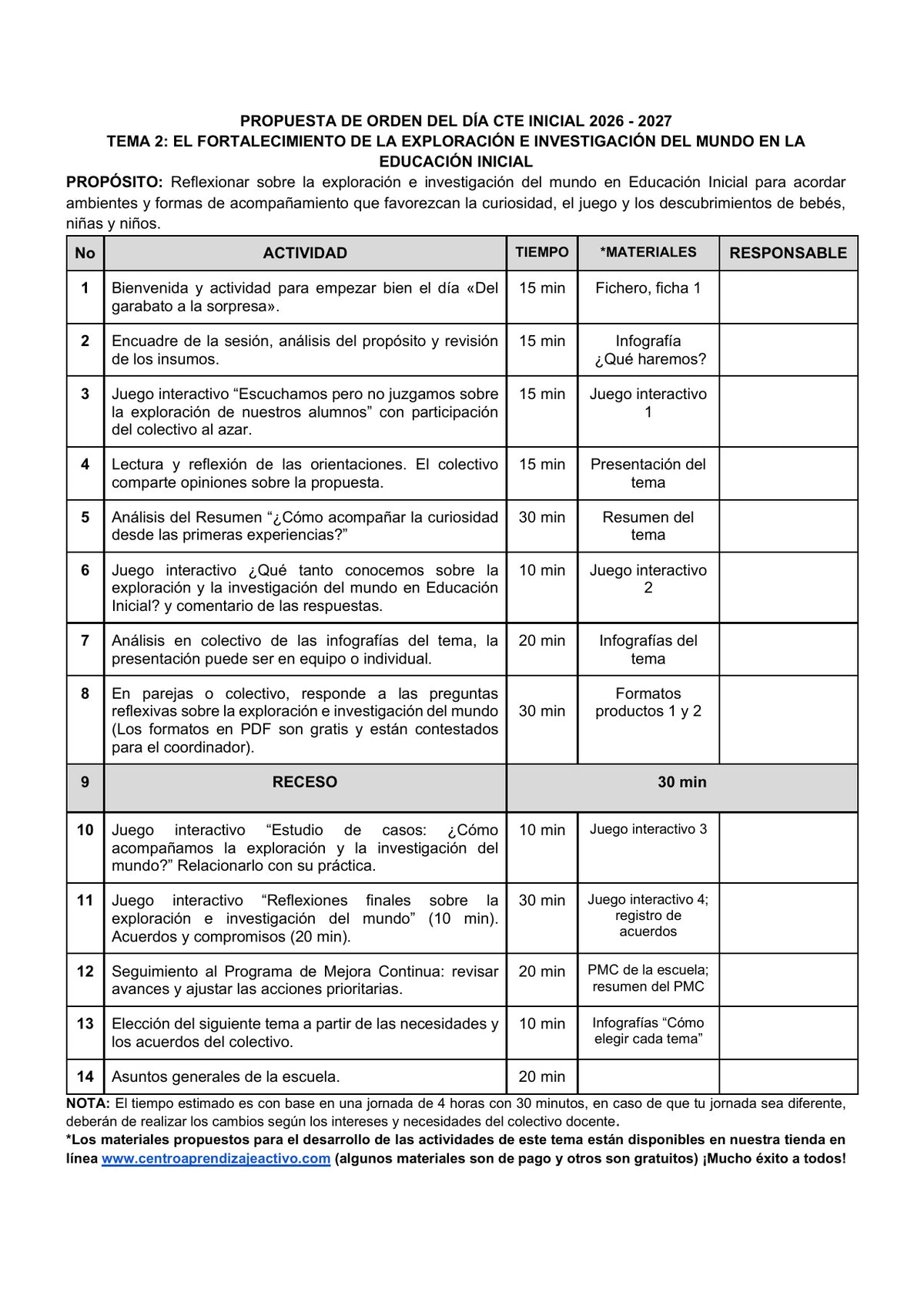 Vista previa de la propuesta de orden del día CTE 2026-2027 en Word editable: Exploración e investigación del mundo, Inicial, tema 2.