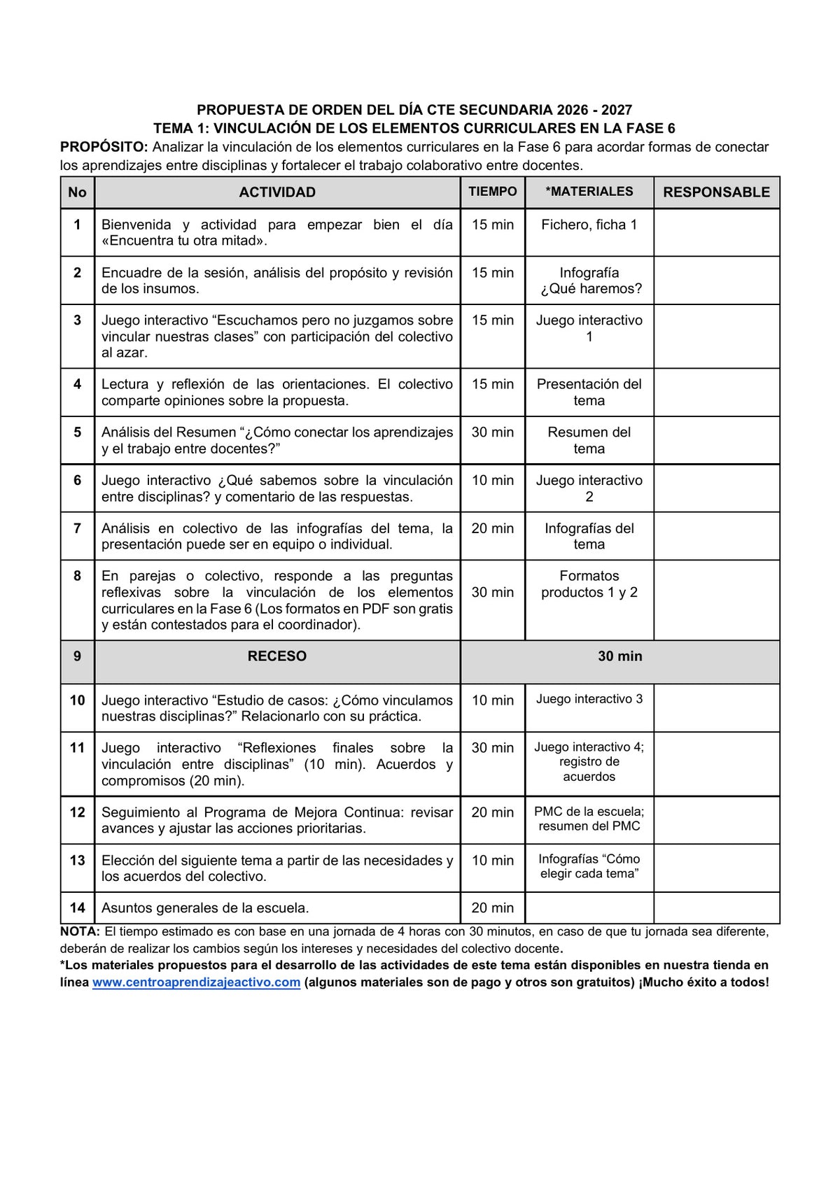 Vista previa de la propuesta de orden del día CTE 2026-2027 en Word editable: Vinculación curricular en la Fase 6, Secundaria, tema 1.