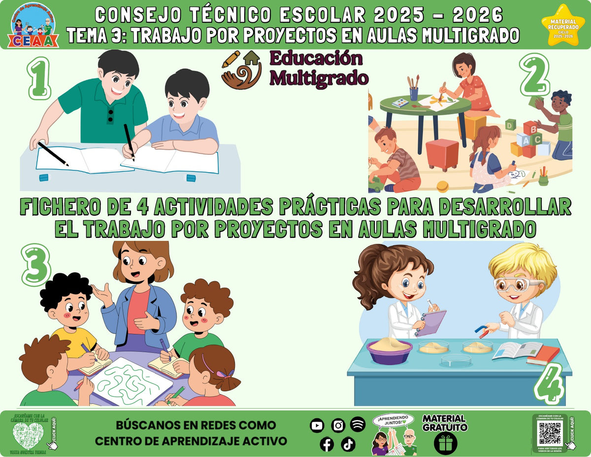 Portada del fichero de cuatro actividades sobre Trabajo por proyectos en aulas multigrado en PDF (Material recuperado 25/26)