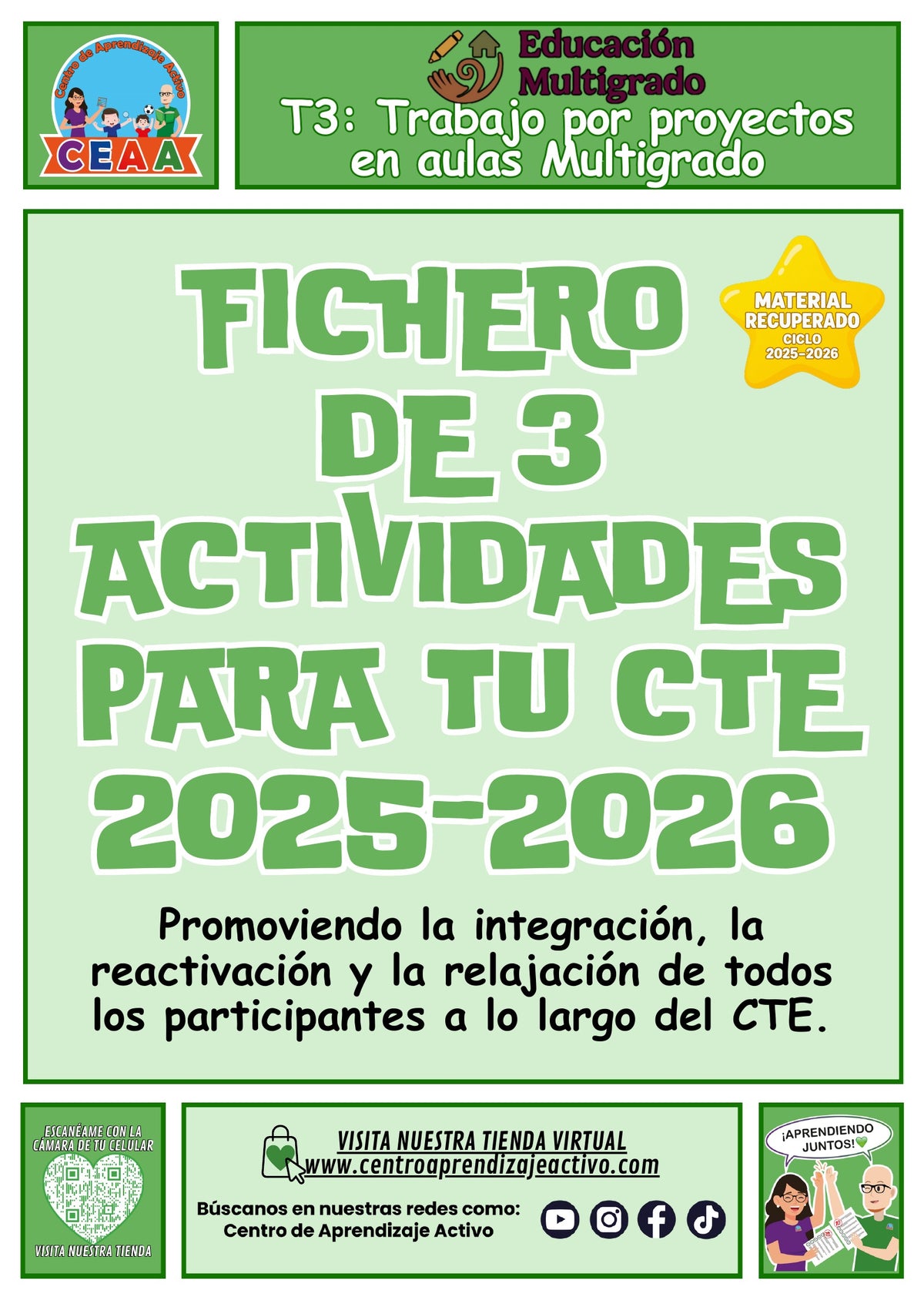 Portada del fichero de tres actividades para el CTE: Trabajo por proyectos en aulas multigrado, tema 3 de multigrado. Bienvenida e integración, pausa activa, relajación y cierre. Material recuperado 25/26.
