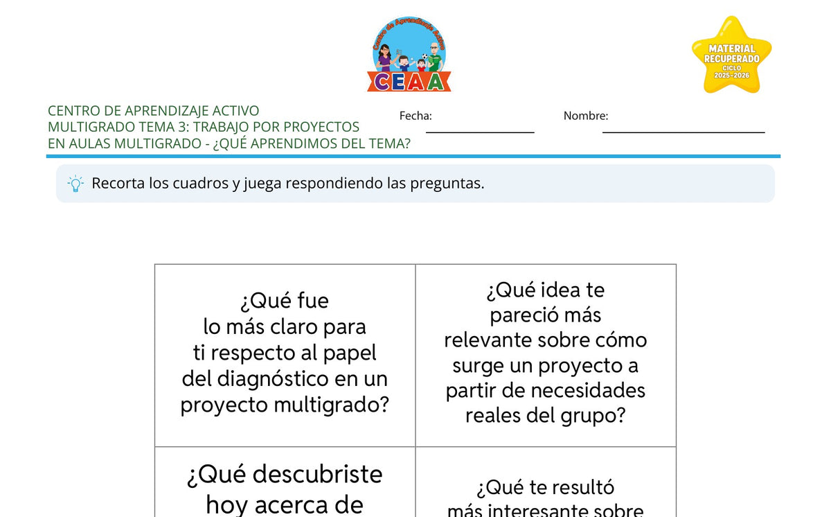 Vista parcial del juego para imprimir 4: ¿Qué aprendimos del tema? — Trabajo por proyectos en aulas multigrado (Material recuperado 25/26)