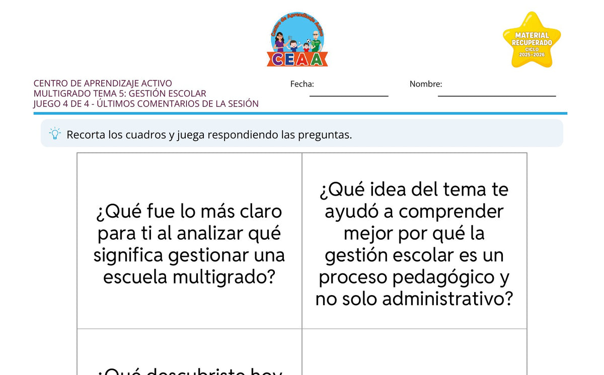 Vista parcial del juego para imprimir 4: Últimos comentarios de la sesión — Gestión escolar multigrado (Material recuperado 25/26)