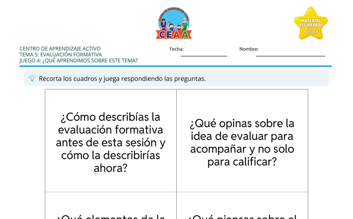 Vista parcial del juego para imprimir 4: ¿Qué aprendimos sobre este tema? — Evaluación formativa (Material recuperado 25/26)