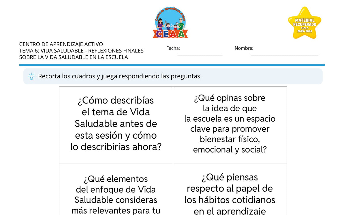 Vista parcial del juego para imprimir 4: Reflexiones finales sobre la vida saludable en la escuela — Vida saludable (Material recuperado 25/26)