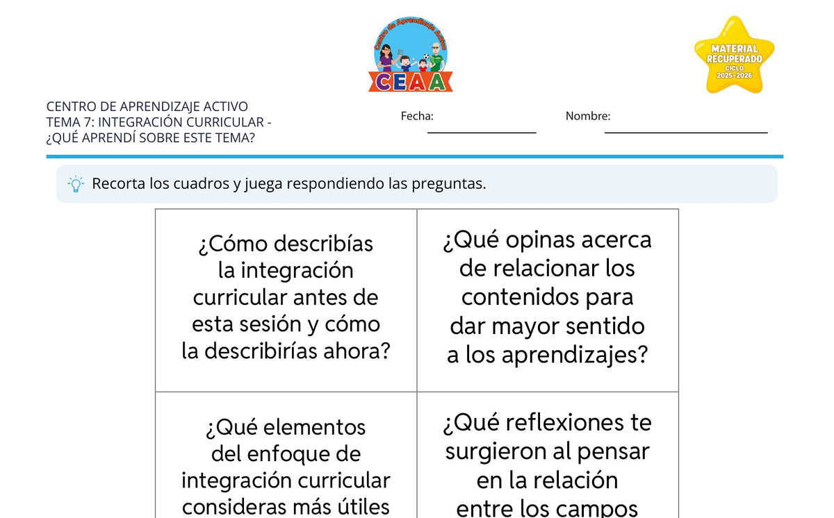Vista parcial del juego para imprimir 4: ¿Qué aprendí sobre este tema? — Integración curricular (Material recuperado 25/26)