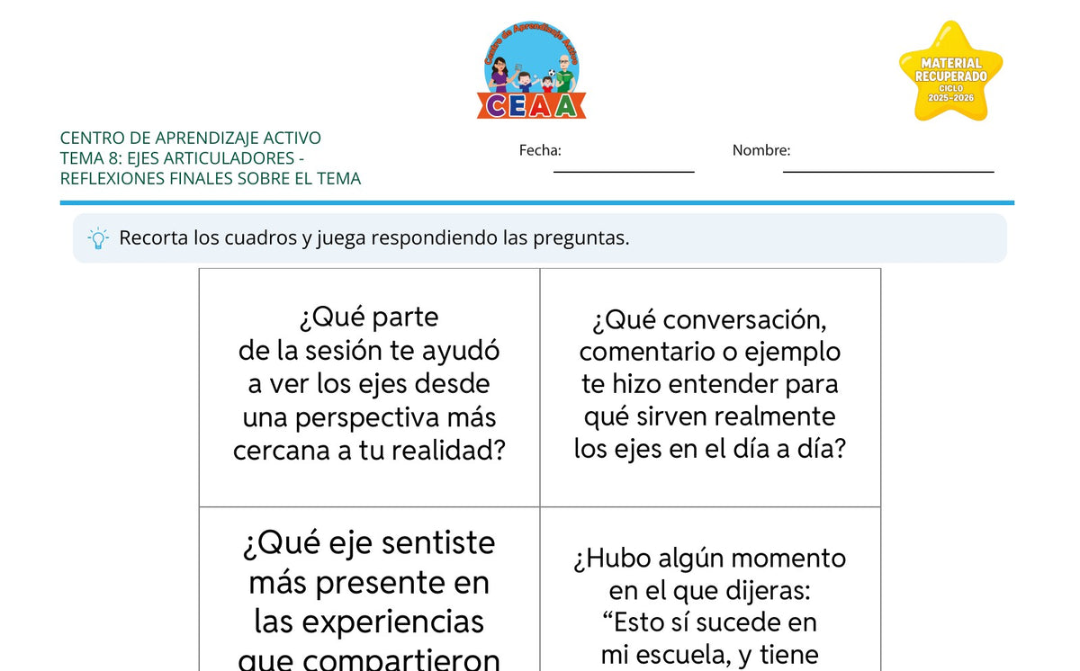 Vista parcial del juego para imprimir 4: Reflexiones finales sobre el tema — Ejes articuladores (Material recuperado 25/26)