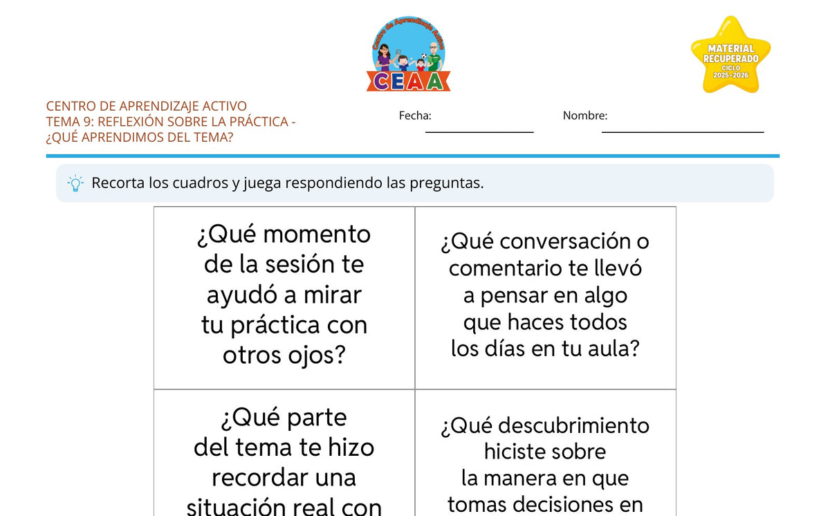 Vista parcial del juego para imprimir 4: ¿Qué aprendimos del tema? — Reflexión sobre la práctica (Material recuperado 25/26)
