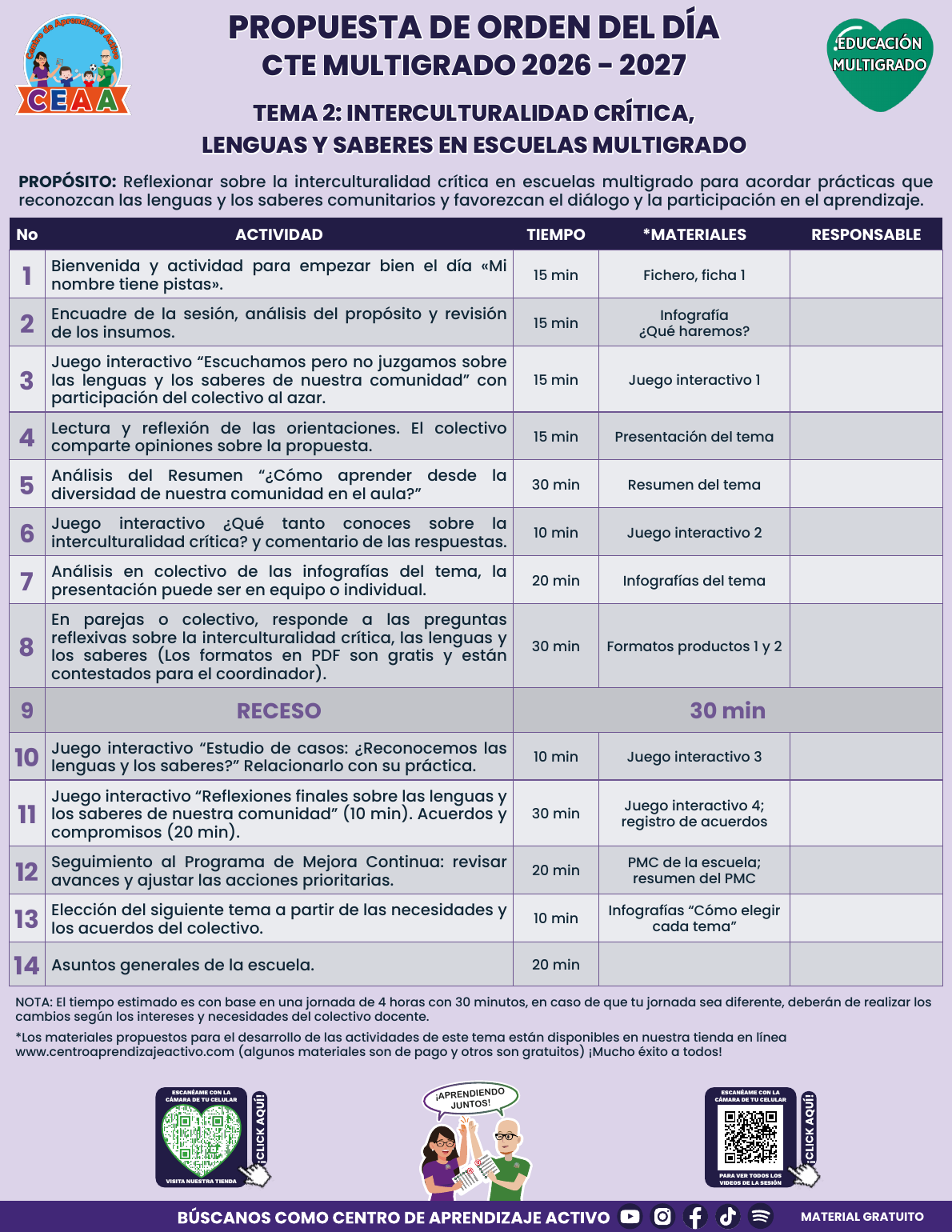 Propuesta de orden del día en PDF gratuito, CTE 2026-2027, Multigrado tema 2: Interculturalidad crítica.